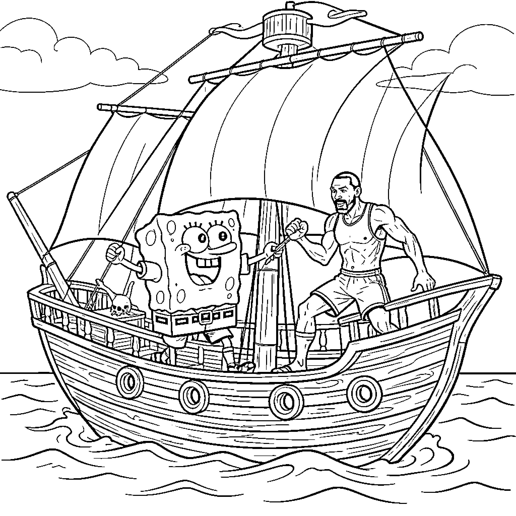 Spongebob and a man sailing on a wooden boat Coloring Page (free black-and-white line drawing printable PDF for all, from beginners to advanced learners, including children, teens, adults, and seniors)