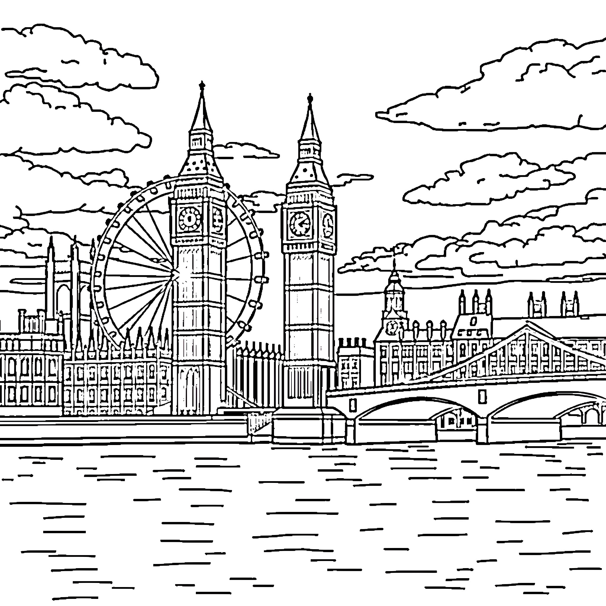Building of landmark structures in the city skyline Coloring Page (free black-and-white line drawing printable PDF for all, from beginners to advanced learners, including children, teens, adults, and seniors)