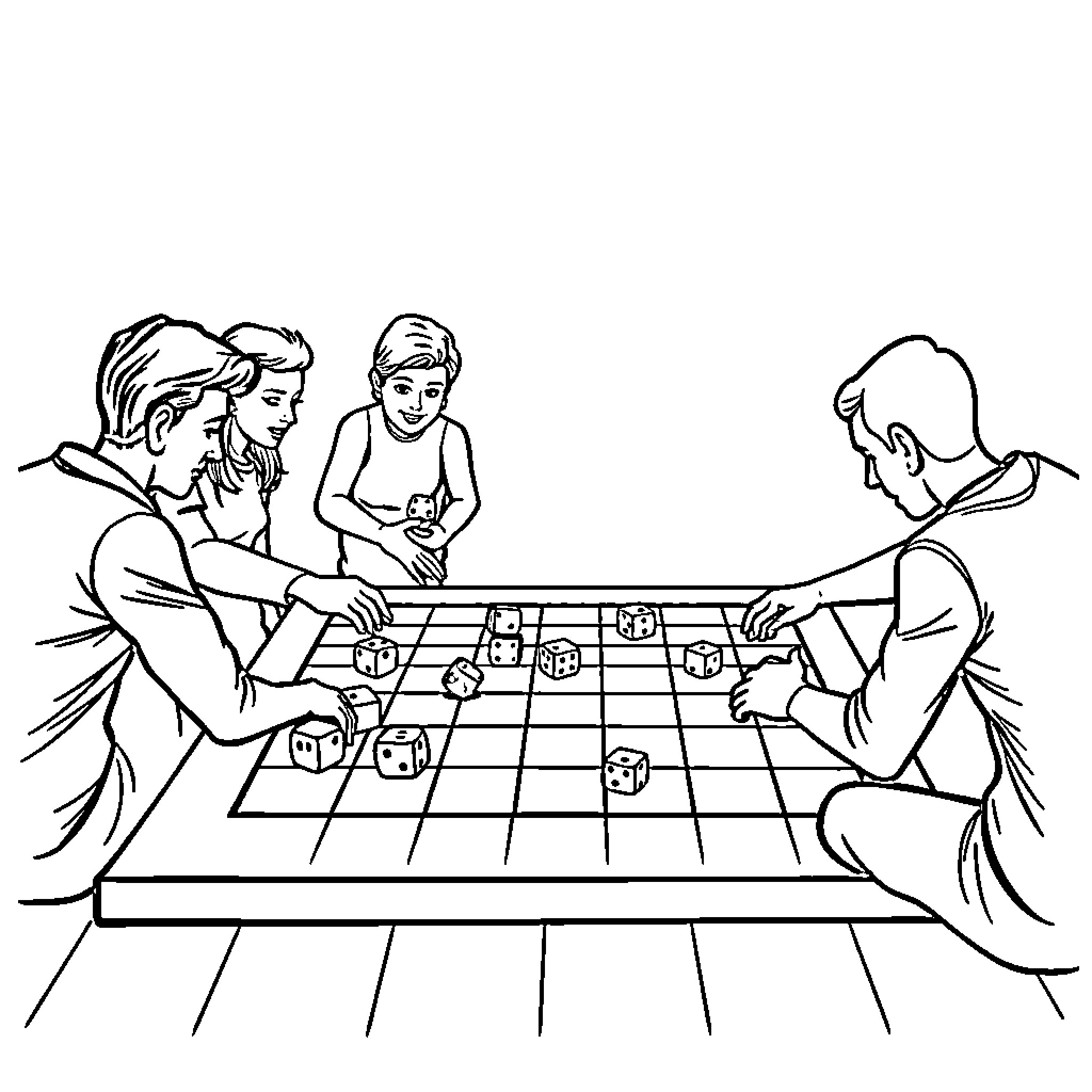 Parchis friends playing board game together Coloring Page (free black-and-white line drawing printable PDF for all, from beginners to advanced learners, including children, teens, adults, and seniors)