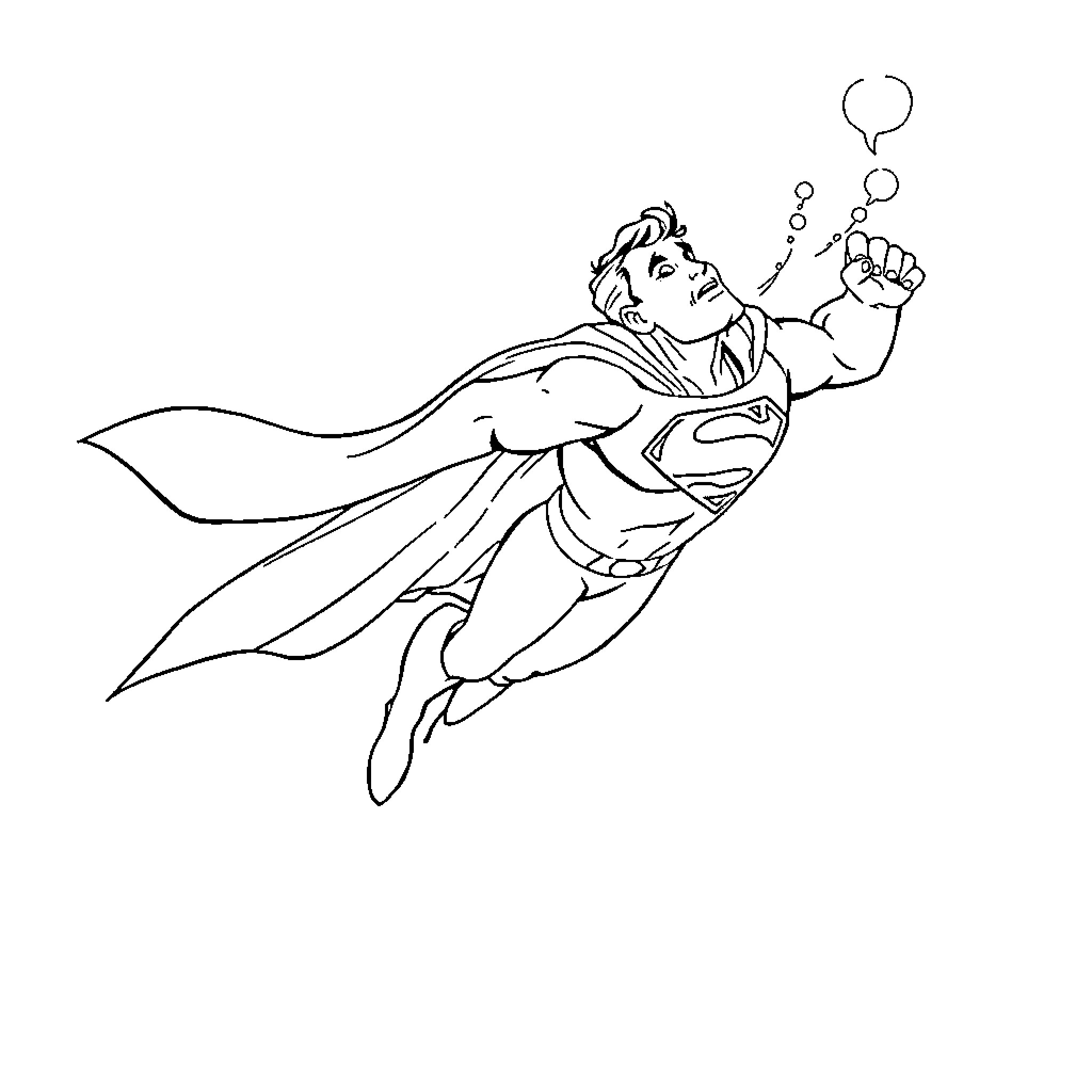 Superman flying with thoughtful expression Coloring Page (free black-and-white line drawing printable PDF for all, from beginners to advanced learners, including children, teens, adults, and seniors)