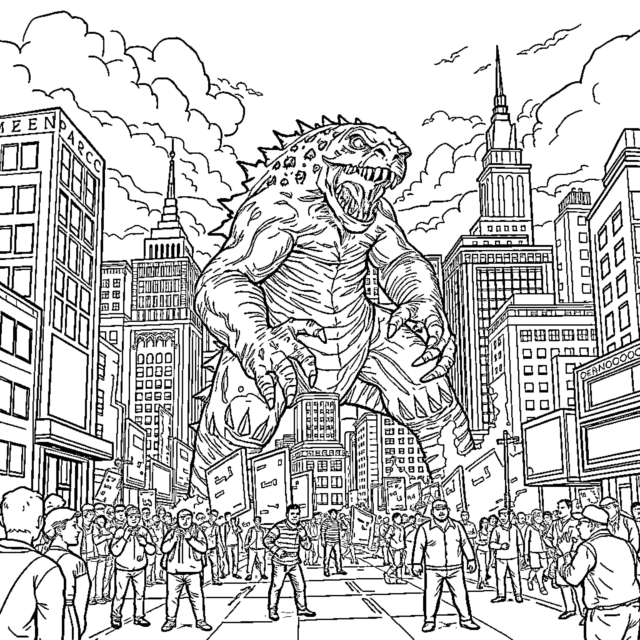 Monster rampages through a bustling city Coloring Page (free black-and-white line drawing printable PDF for all, from beginners to advanced learners, including children, teens, adults, and seniors)