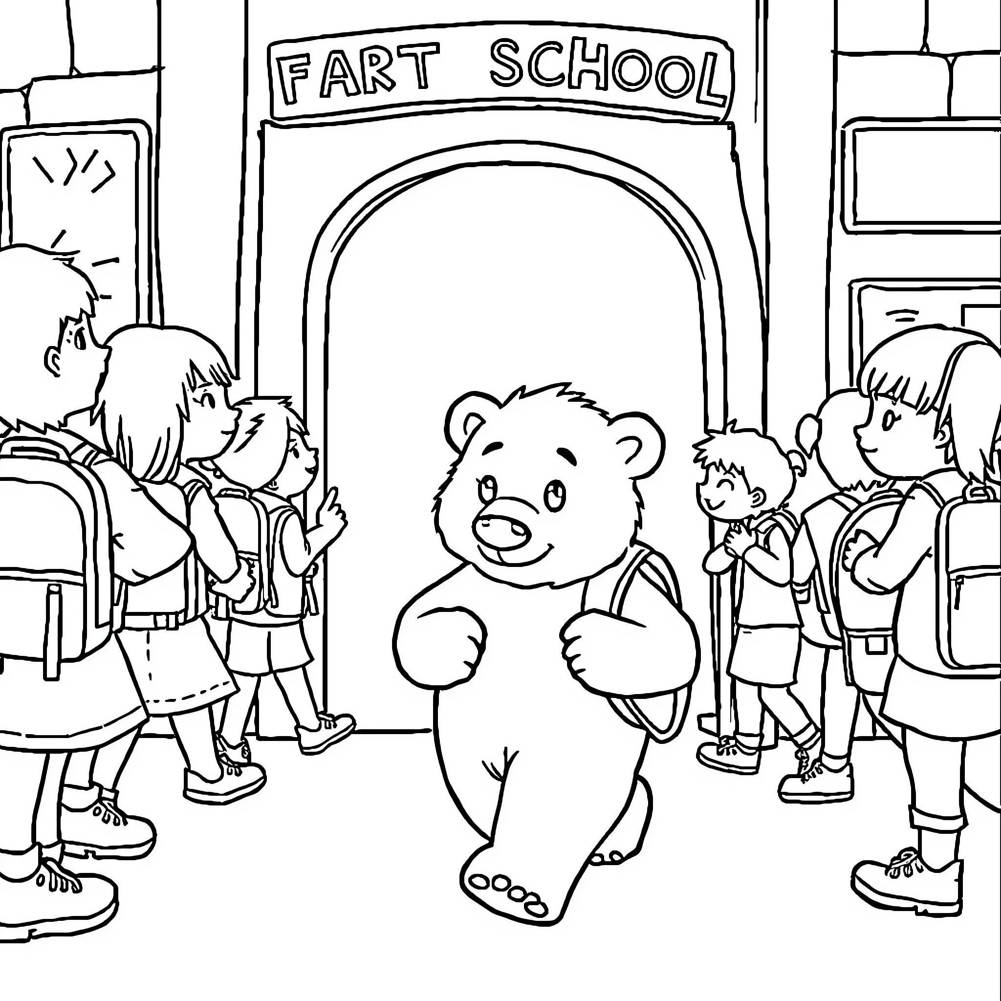Polar Bear visiting Fart School Coloring Page (free black-and-white line drawing printable PDF for all, from beginners to advanced learners, including children, teens, adults, and seniors)