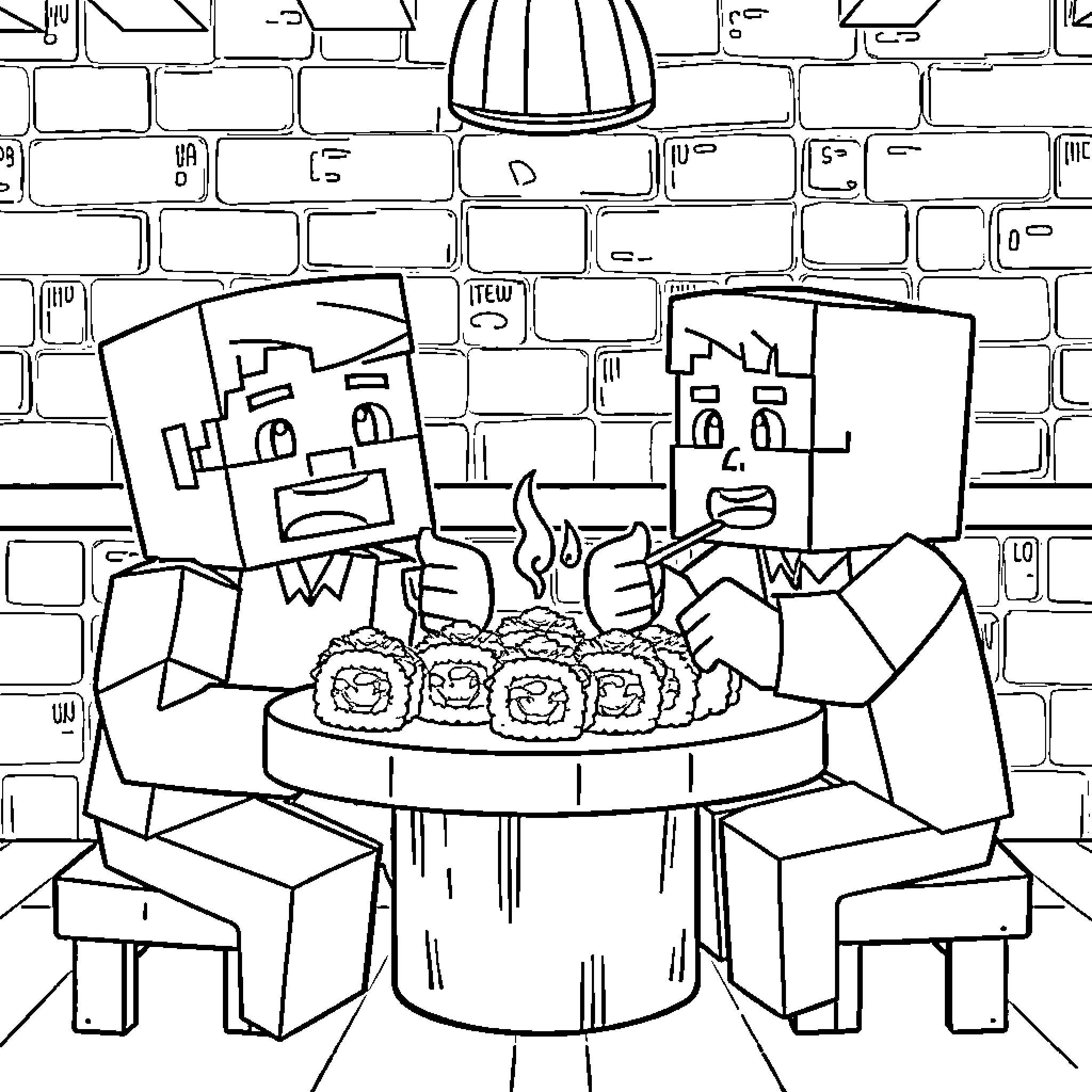 Minecraft Characters Enjoying a Meal Together Coloring Page (free black-and-white line drawing printable PDF for all, from beginners to advanced learners, including children, teens, adults, and seniors)