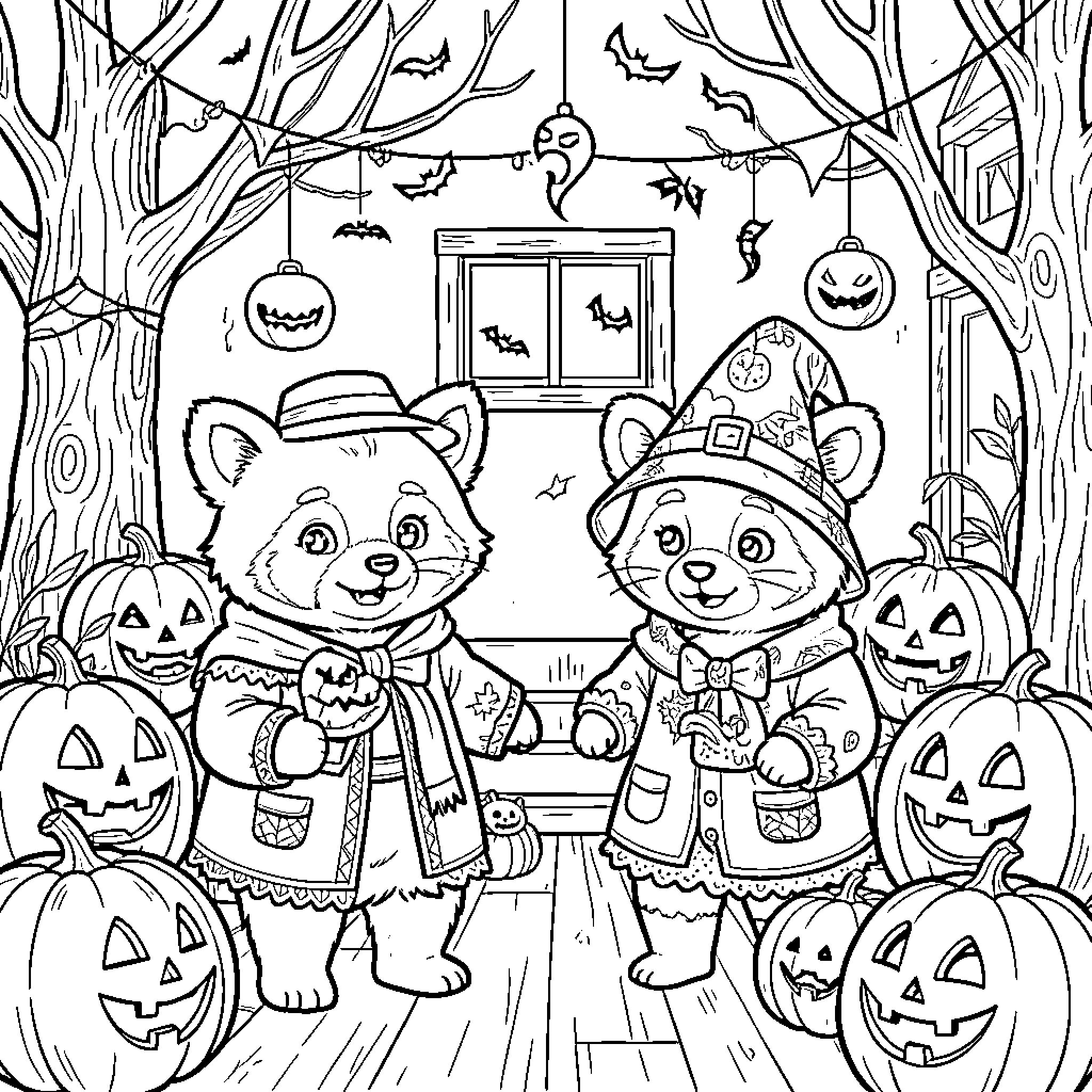 Red Panda celebrating Halloween with pumpkins and decorations Coloring Page (free black-and-white line drawing printable PDF for all, from beginners to advanced learners, including children, teens, adults, and seniors)