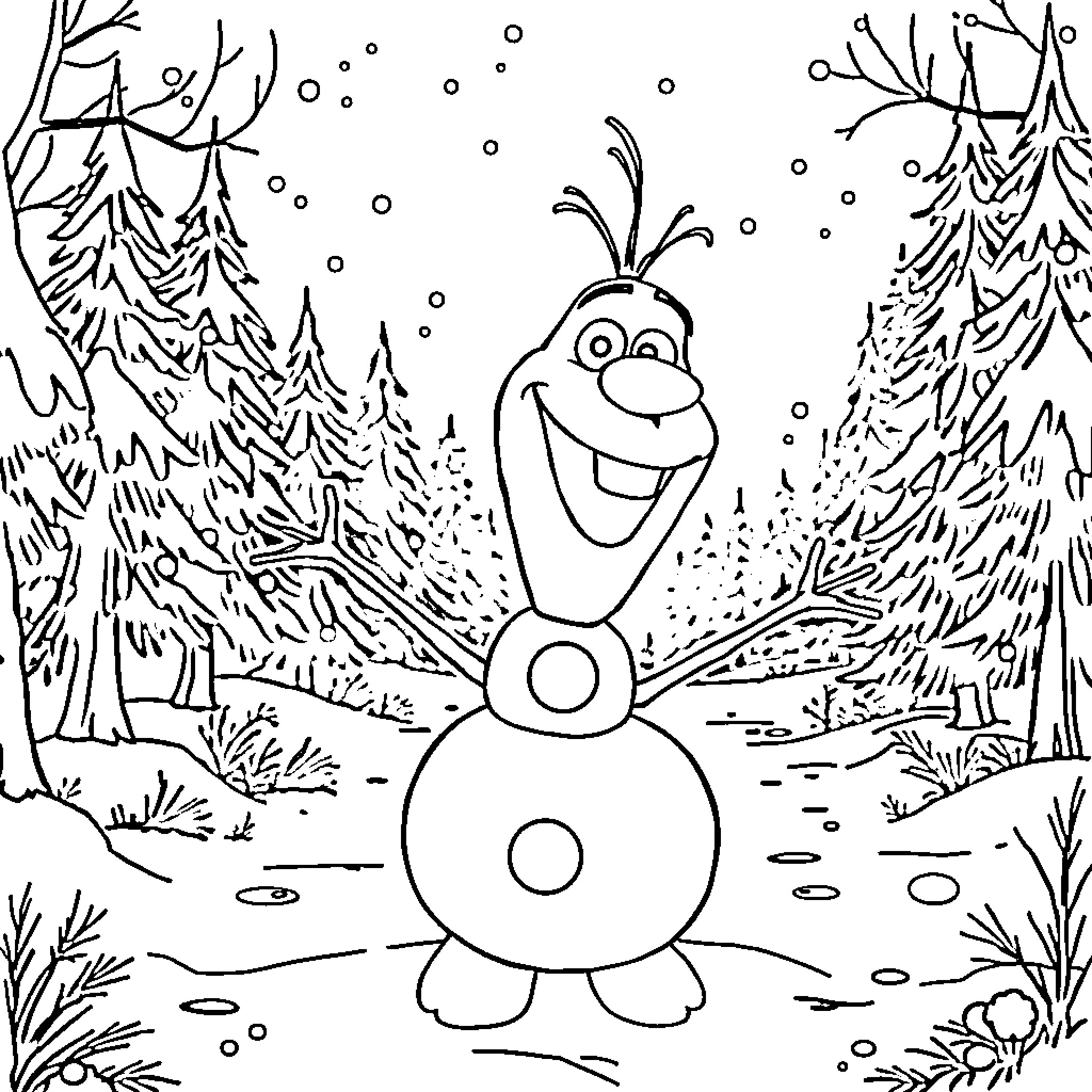 Olaf happily playing in the snowy forest Coloring Page (free black-and-white line drawing printable PDF for all, from beginners to advanced learners, including children, teens, adults, and seniors)