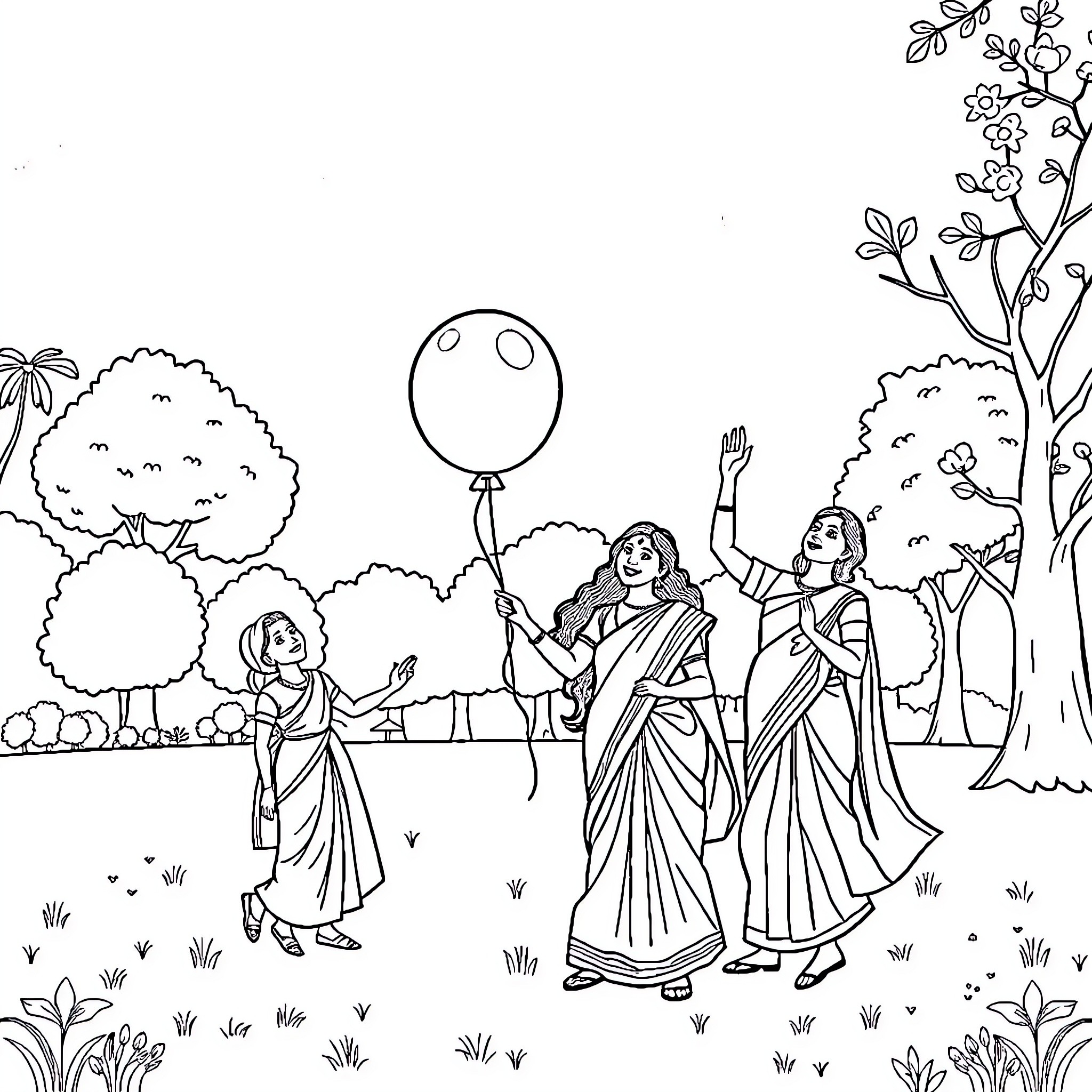 Person celebrating with friends in a nature scene Coloring Page (free black-and-white line drawing printable PDF for all, from beginners to advanced learners, including children, teens, adults, and seniors)