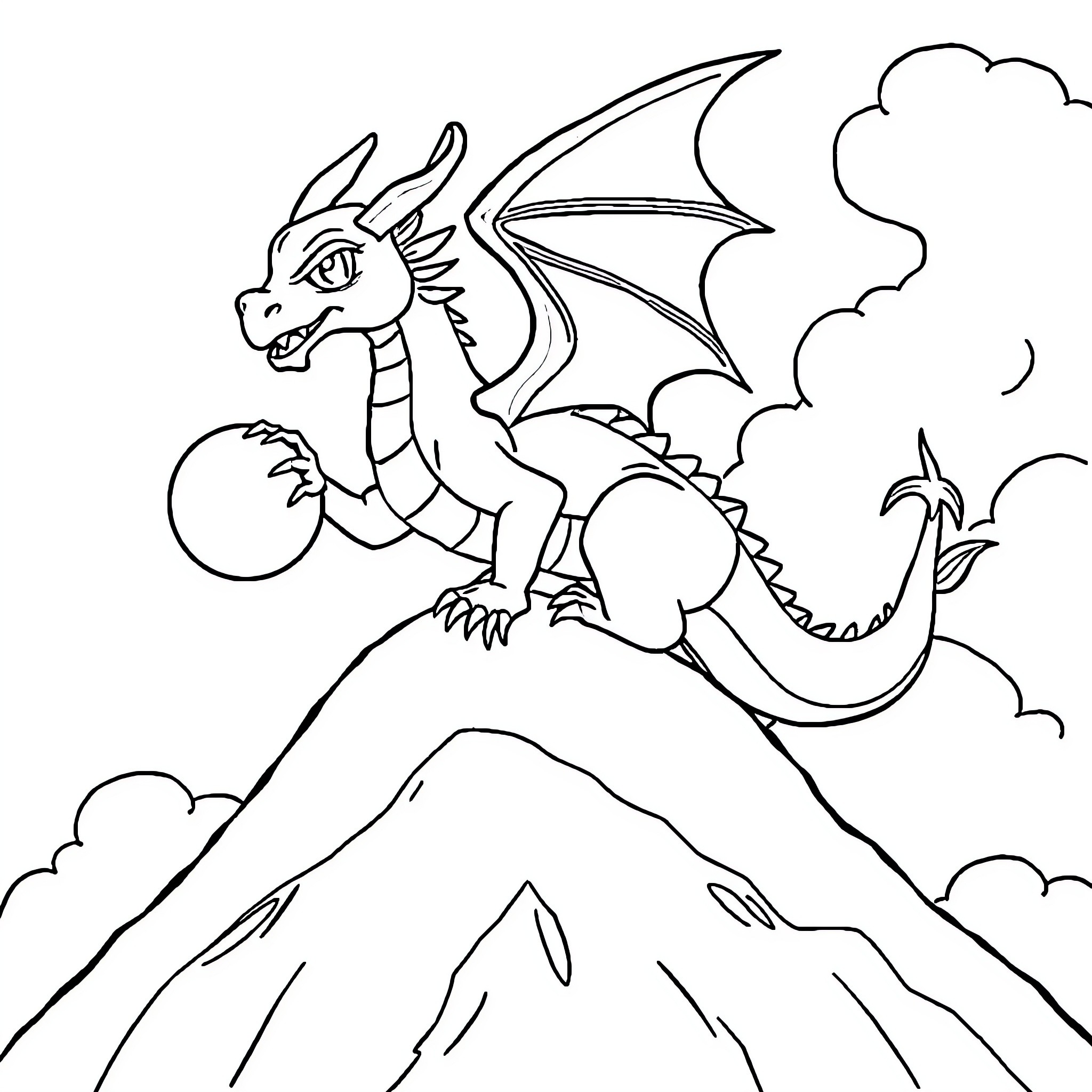 Dragon guarding a mountain with clouds Coloring Page (free black-and-white line drawing printable PDF for all, from beginners to advanced learners, including children, teens, adults, and seniors)