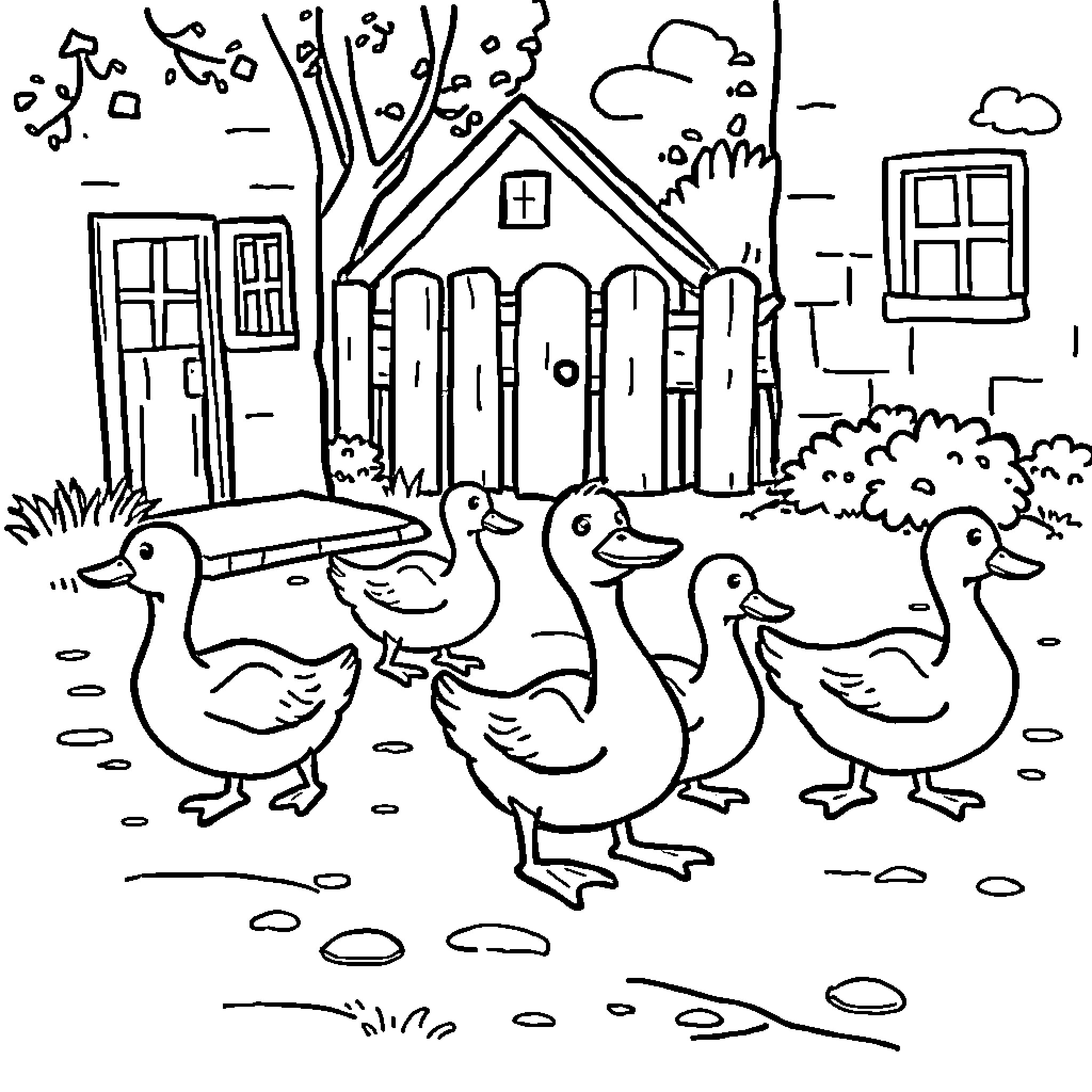 Ducks waddling near a cozy cottage Coloring Page (free black-and-white line drawing printable PDF for all, from beginners to advanced learners, including children, teens, adults, and seniors)