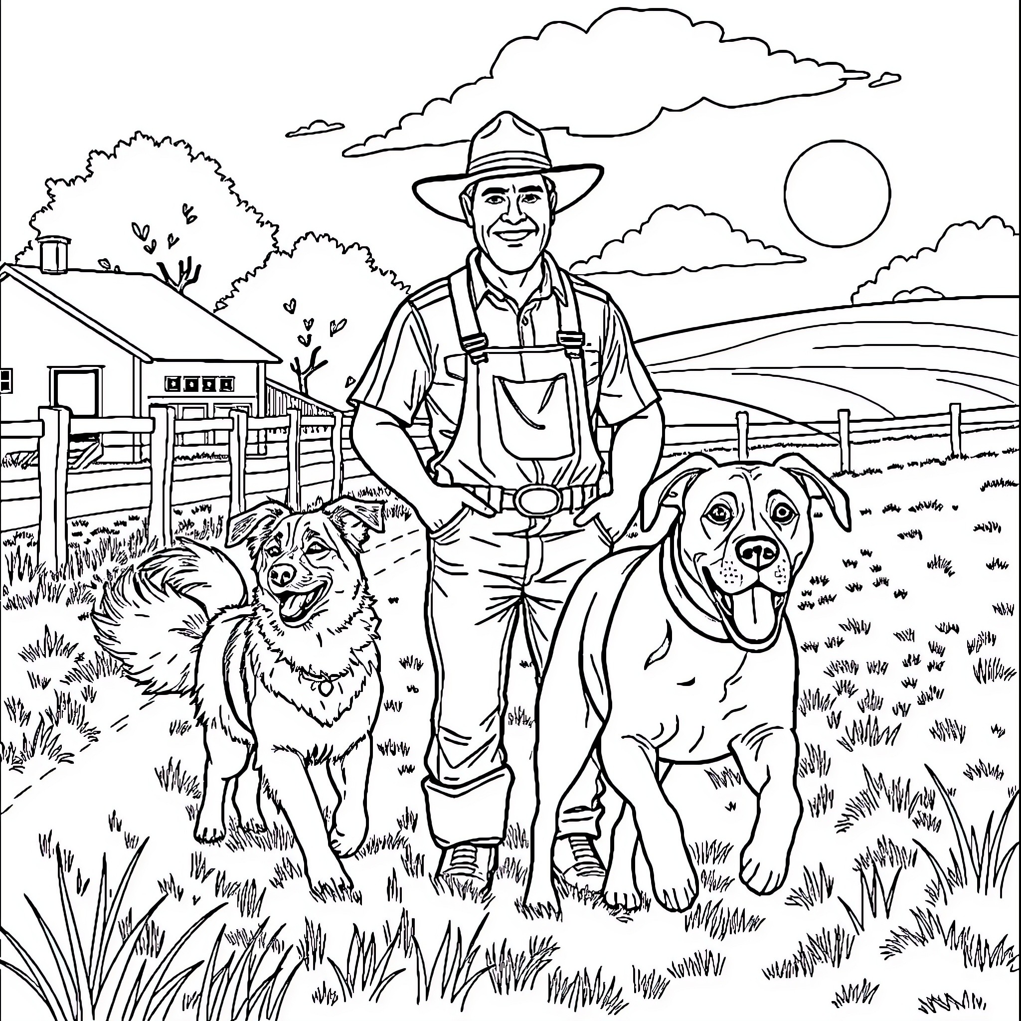 Farmer walks with his loyal dogs on the farm Coloring Page (free black-and-white line drawing printable PDF for all, from beginners to advanced learners, including children, teens, adults, and seniors)