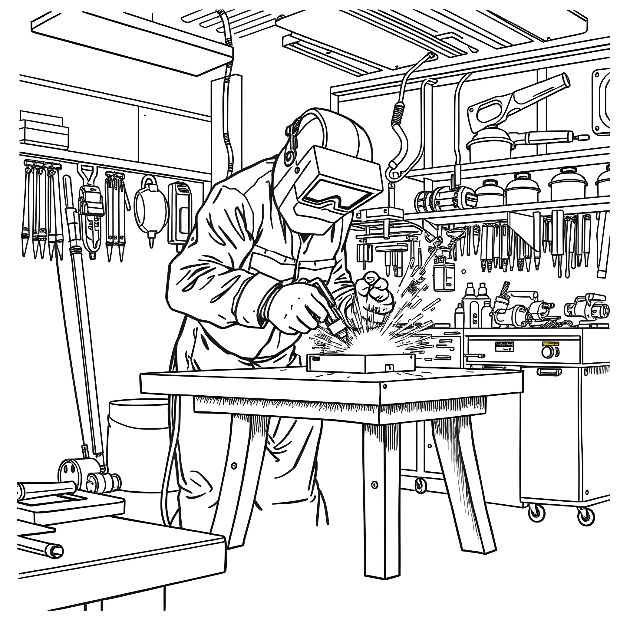 Welder focused on their work in an industrial workshop Coloring Page (free black-and-white line drawing printable PDF for all, from beginners to advanced learners, including children, teens, adults, and seniors)