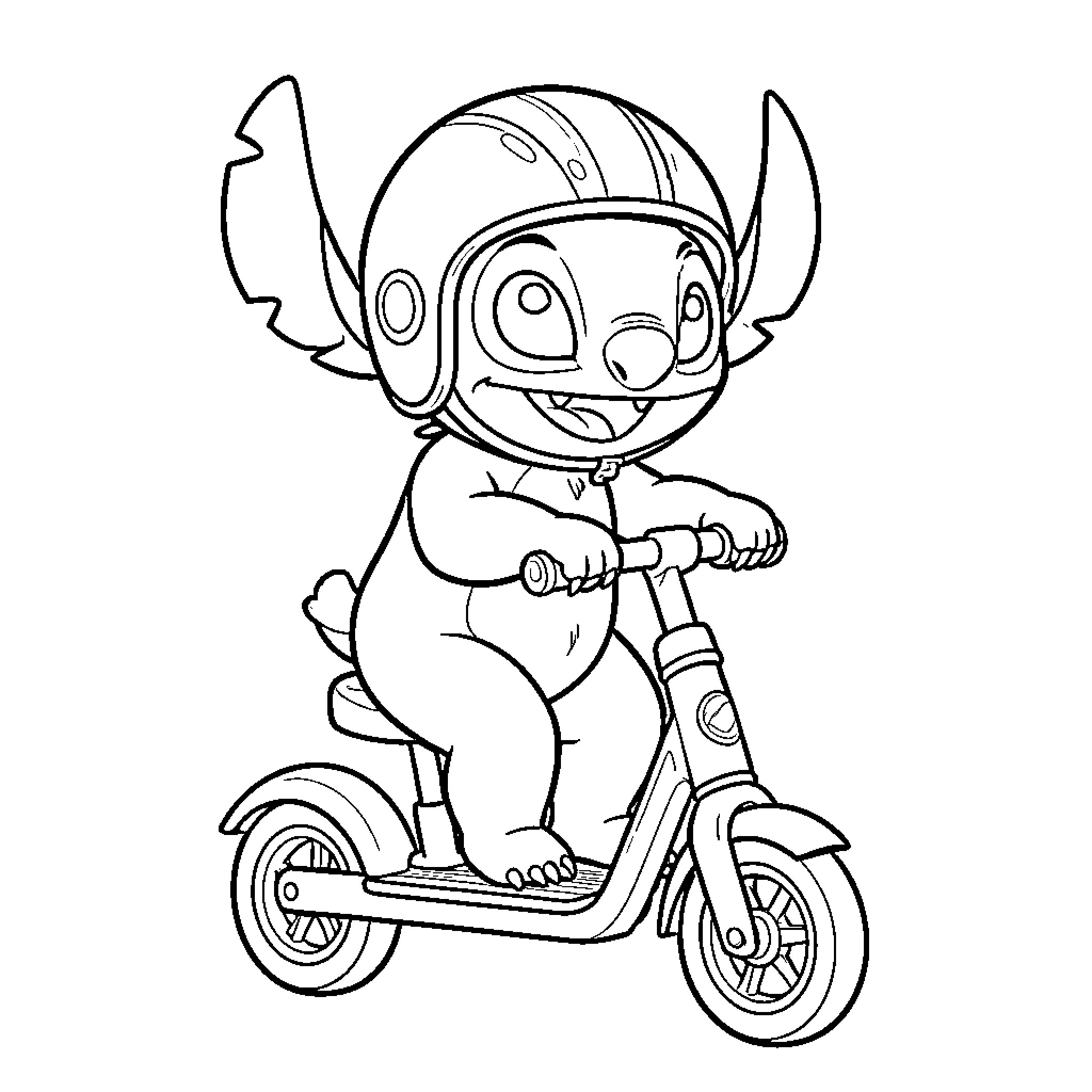 Stitch riding a scooter happily Coloring Page (free black-and-white line drawing printable PDF for all, from beginners to advanced learners, including children, teens, adults, and seniors)