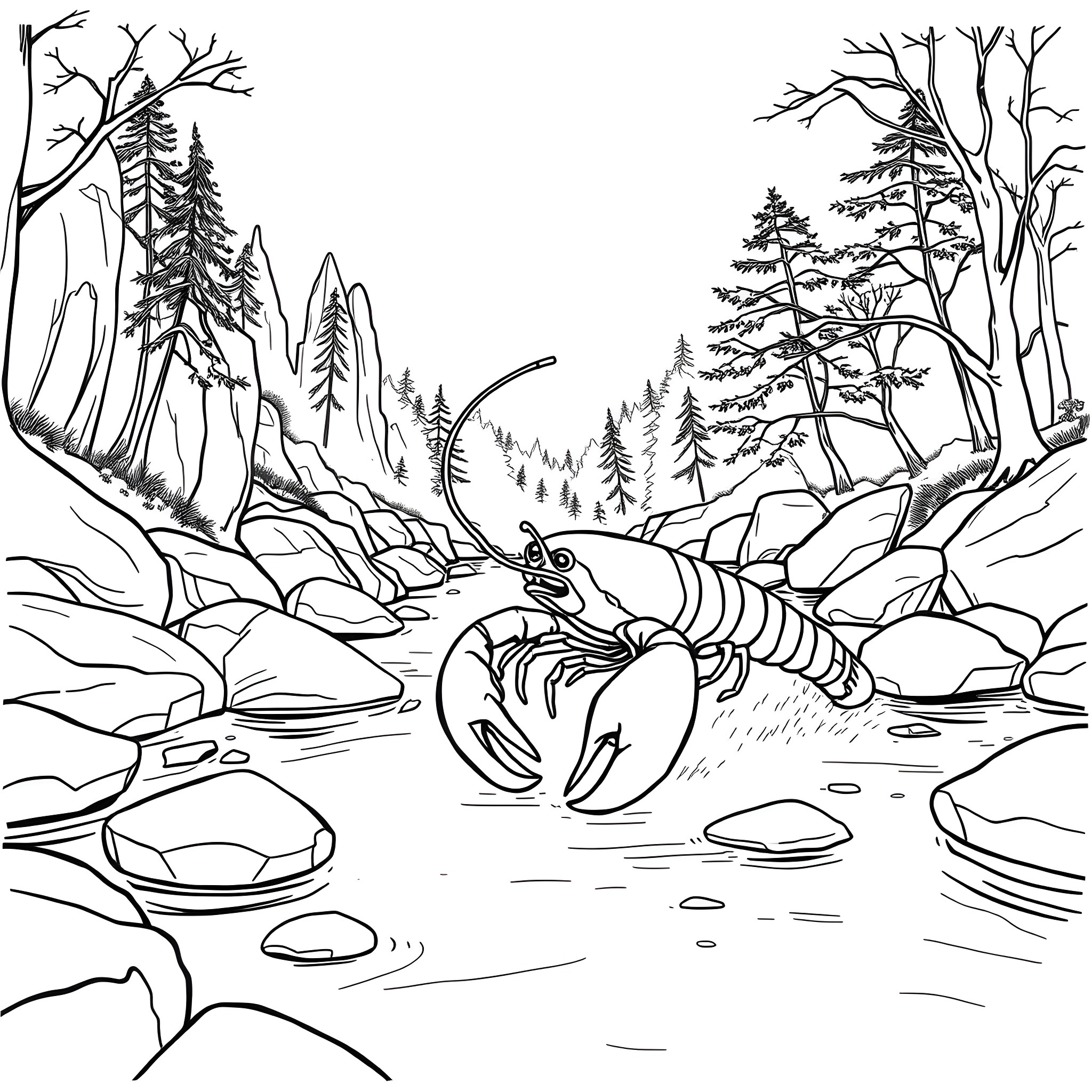 Lobster crawling in the rocky forest stream Coloring Page (free black-and-white line drawing printable PDF for all, from beginners to advanced learners, including children, teens, adults, and seniors)