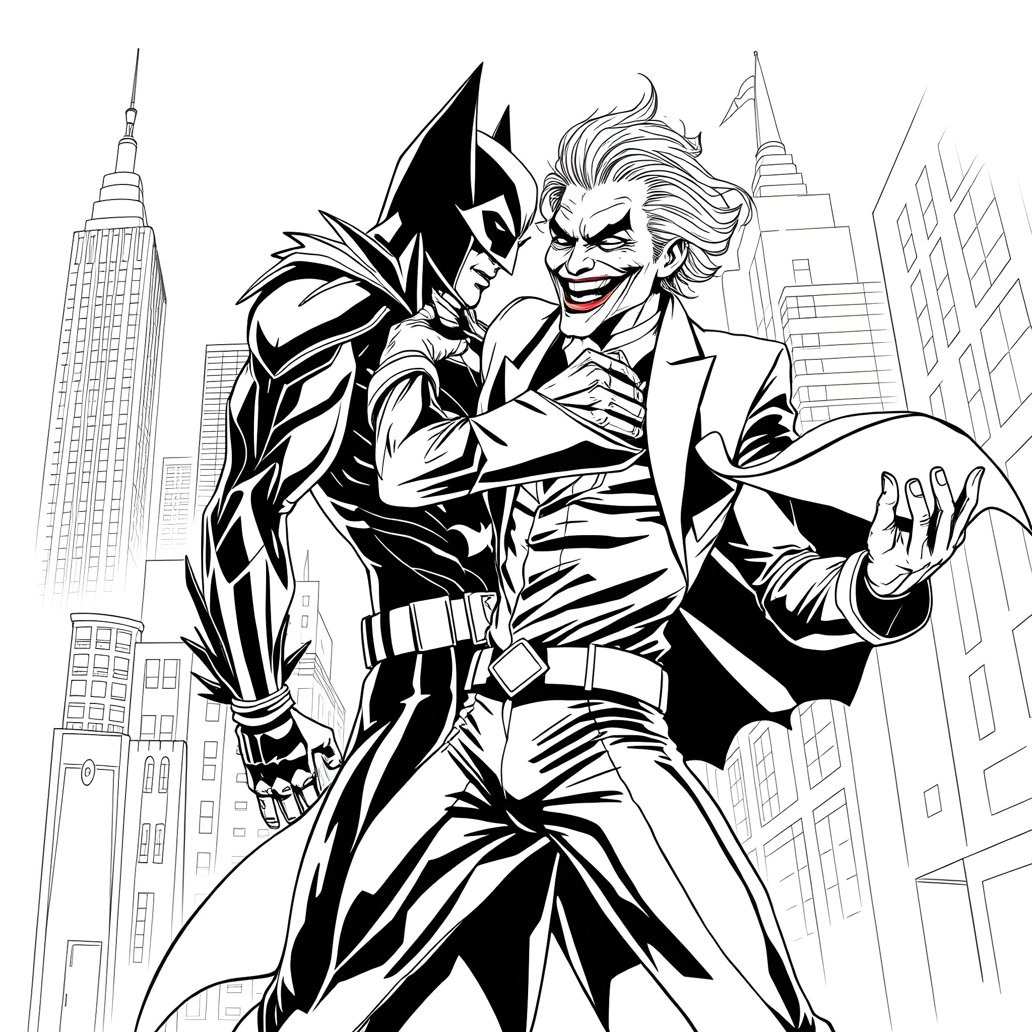 Nightwing and Joker in epic showdown over Gotham Coloring Page (free black-and-white line drawing printable PDF for all, from beginners to advanced learners, including children, teens, adults, and seniors)