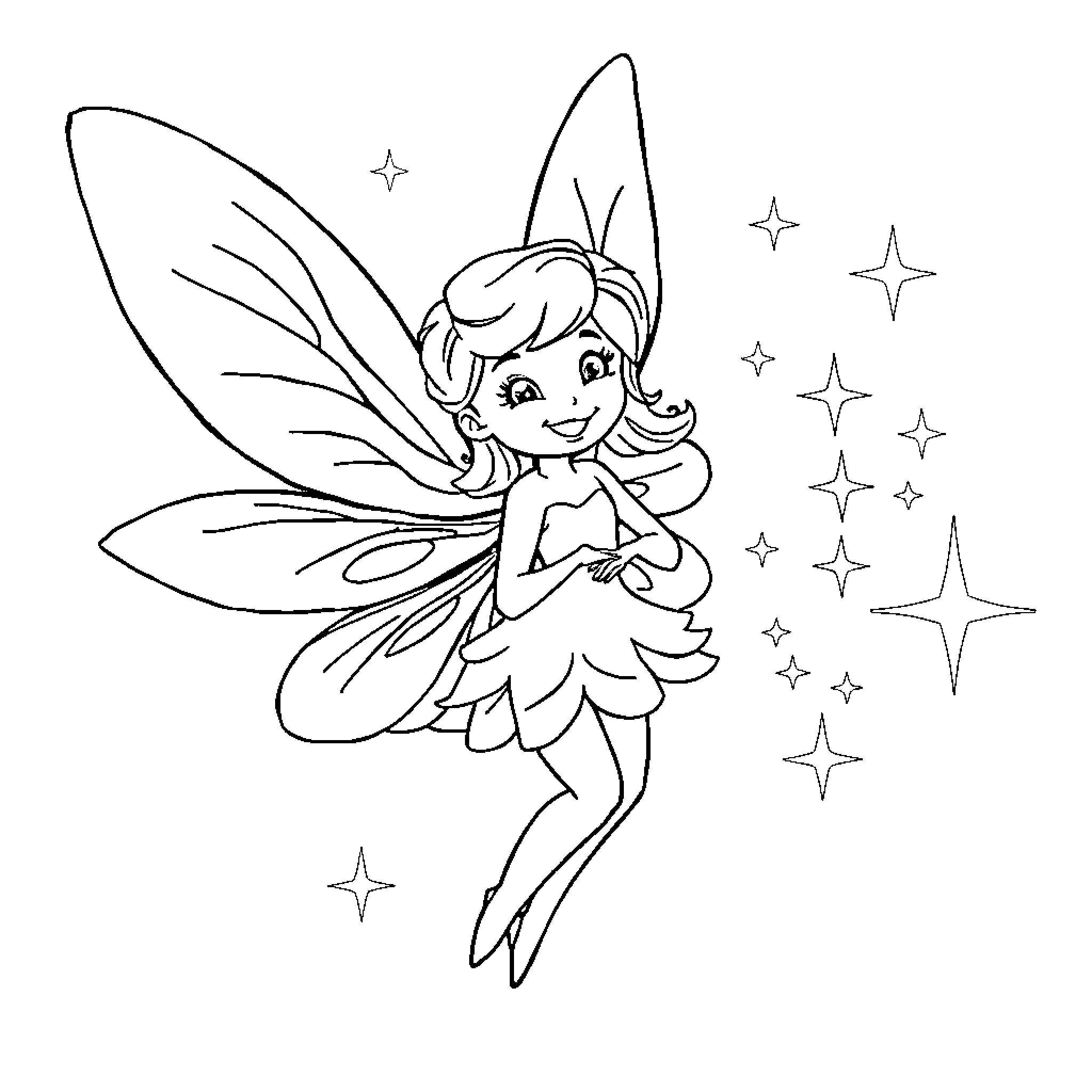 Fairy Delighted by Sparkling Starry Night Coloring Page (free black-and-white line drawing printable PDF for all, from beginners to advanced learners, including children, teens, adults, and seniors)