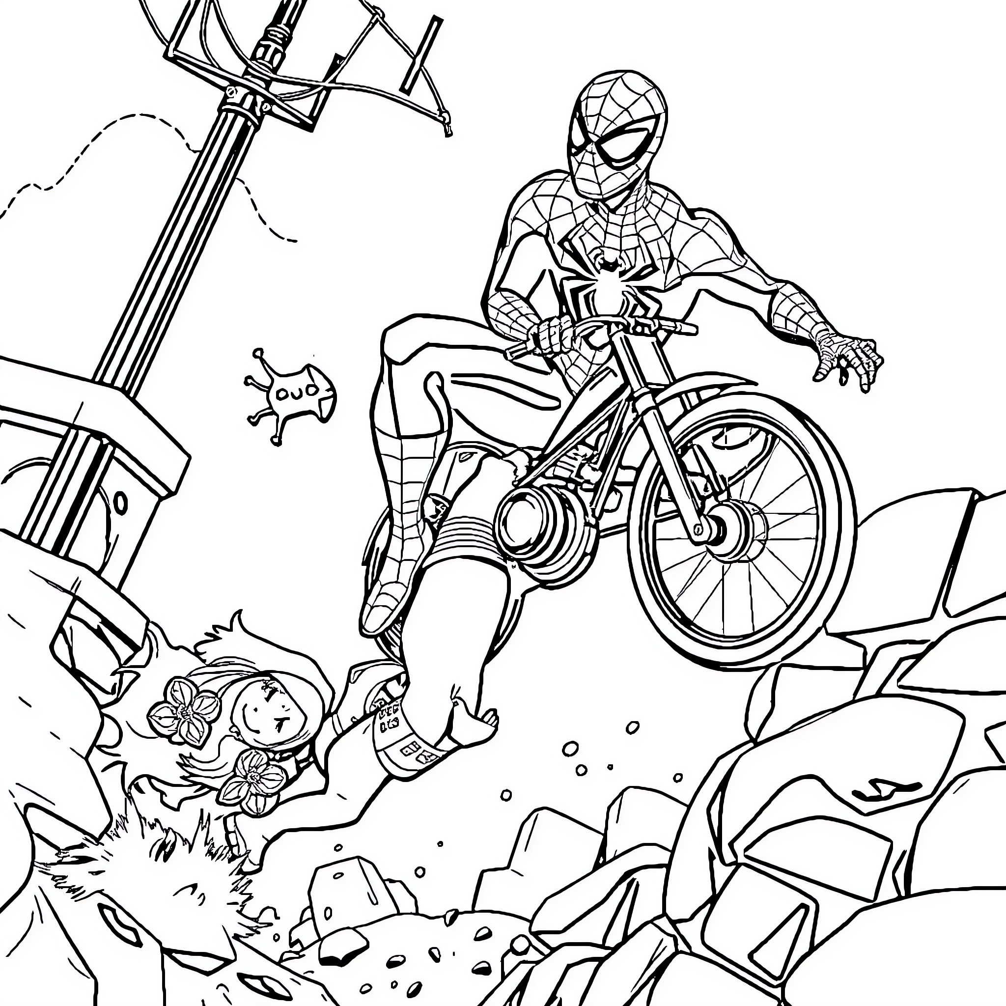Spiderman riding a motorcycle in an action-packed scene Coloring Page (free black-and-white line drawing printable PDF for all, from beginners to advanced learners, including children, teens, adults, and seniors)