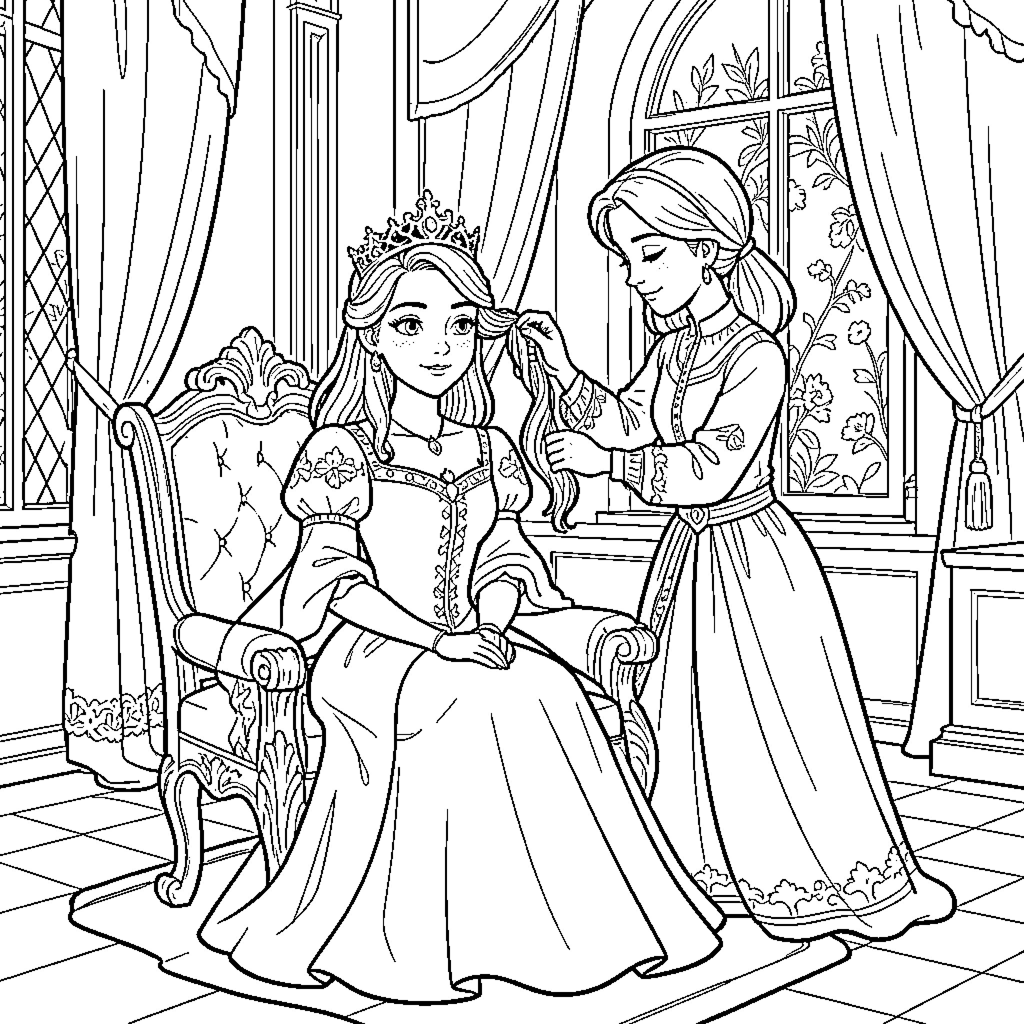 Princess having her long hair styled by a lady Coloring Page (free black-and-white line drawing printable PDF for all, from beginners to advanced learners, including children, teens, adults, and seniors)