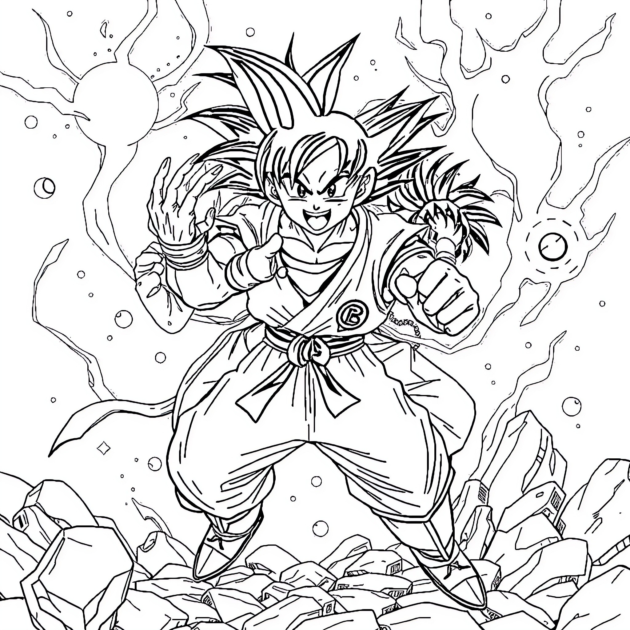 Dragon Ball Z: Energetic Warrior in Dynamic Pose Coloring Page (free black-and-white line drawing printable PDF for all, from beginners to advanced learners, including children, teens, adults, and seniors)