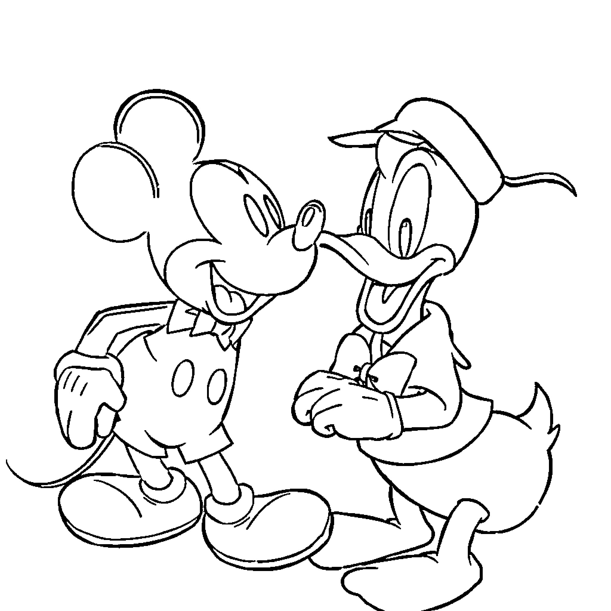 Mickey Mouse and Donald Duck in fun adventure Coloring Page (free black-and-white line drawing printable PDF for all, from beginners to advanced learners, including children, teens, adults, and seniors)