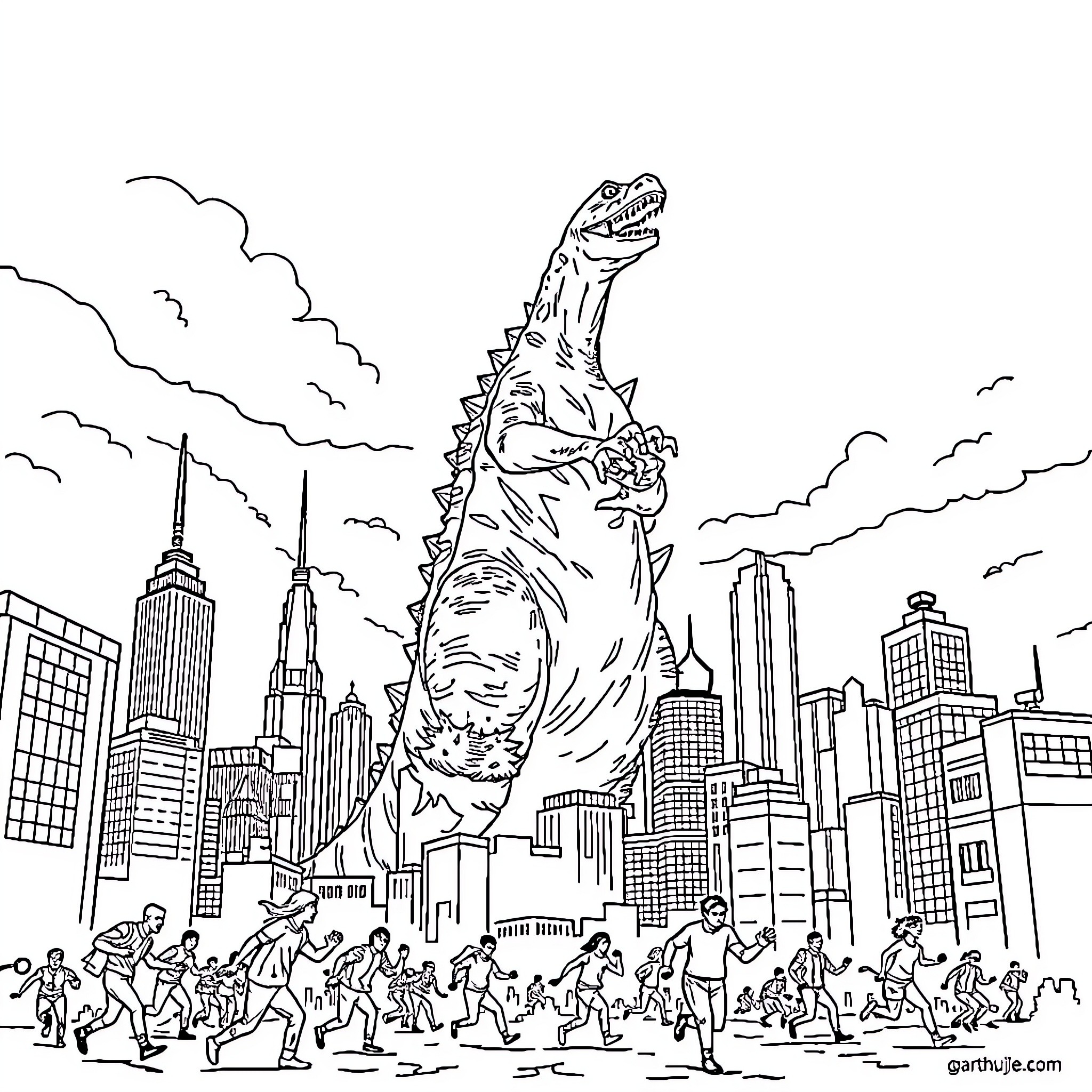 Godzilla rampaging through the city skyline Coloring Page (free black-and-white line drawing printable PDF for all, from beginners to advanced learners, including children, teens, adults, and seniors)