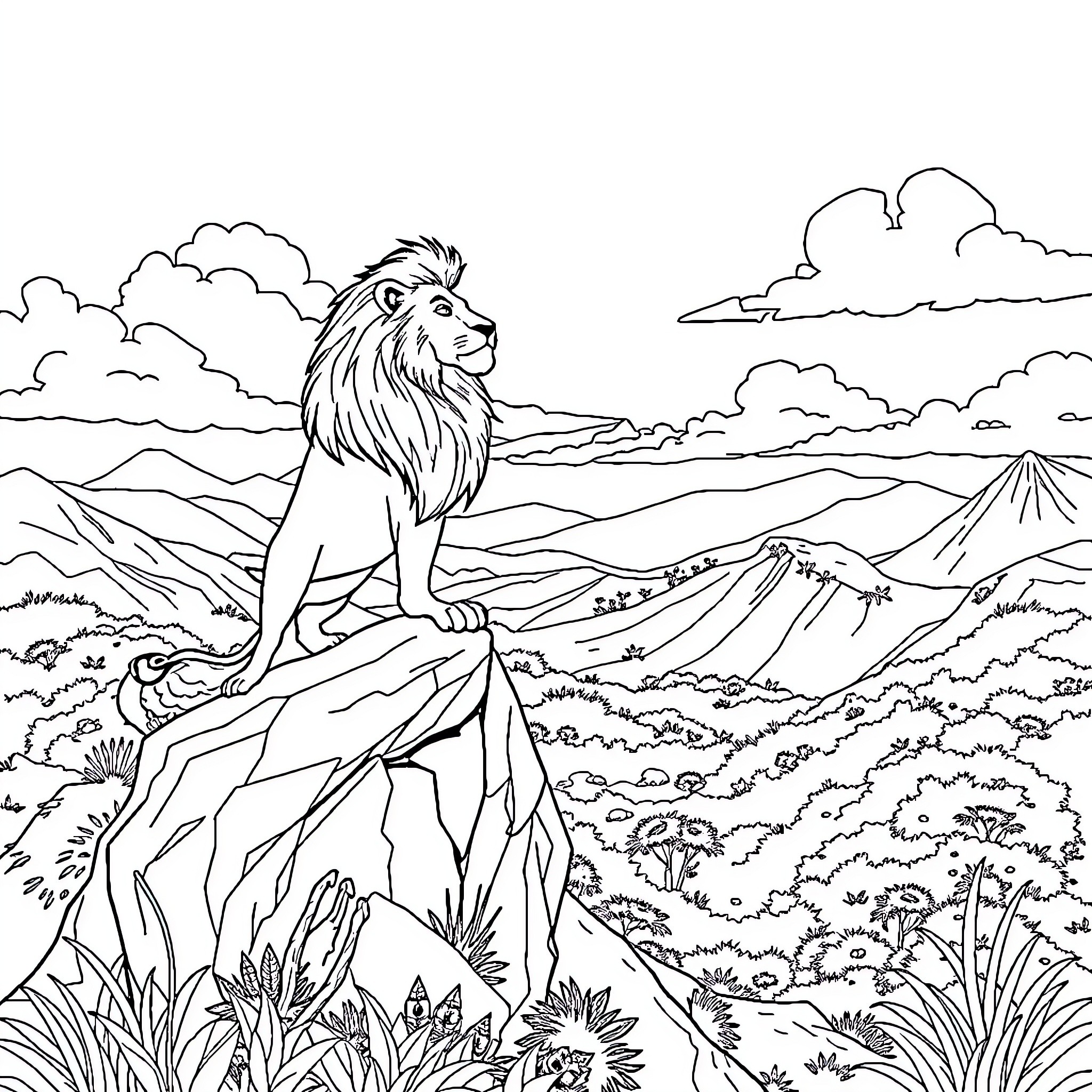 Lion standing tall on rocky mountain peak Coloring Page (free black-and-white line drawing printable PDF for all, from beginners to advanced learners, including children, teens, adults, and seniors)