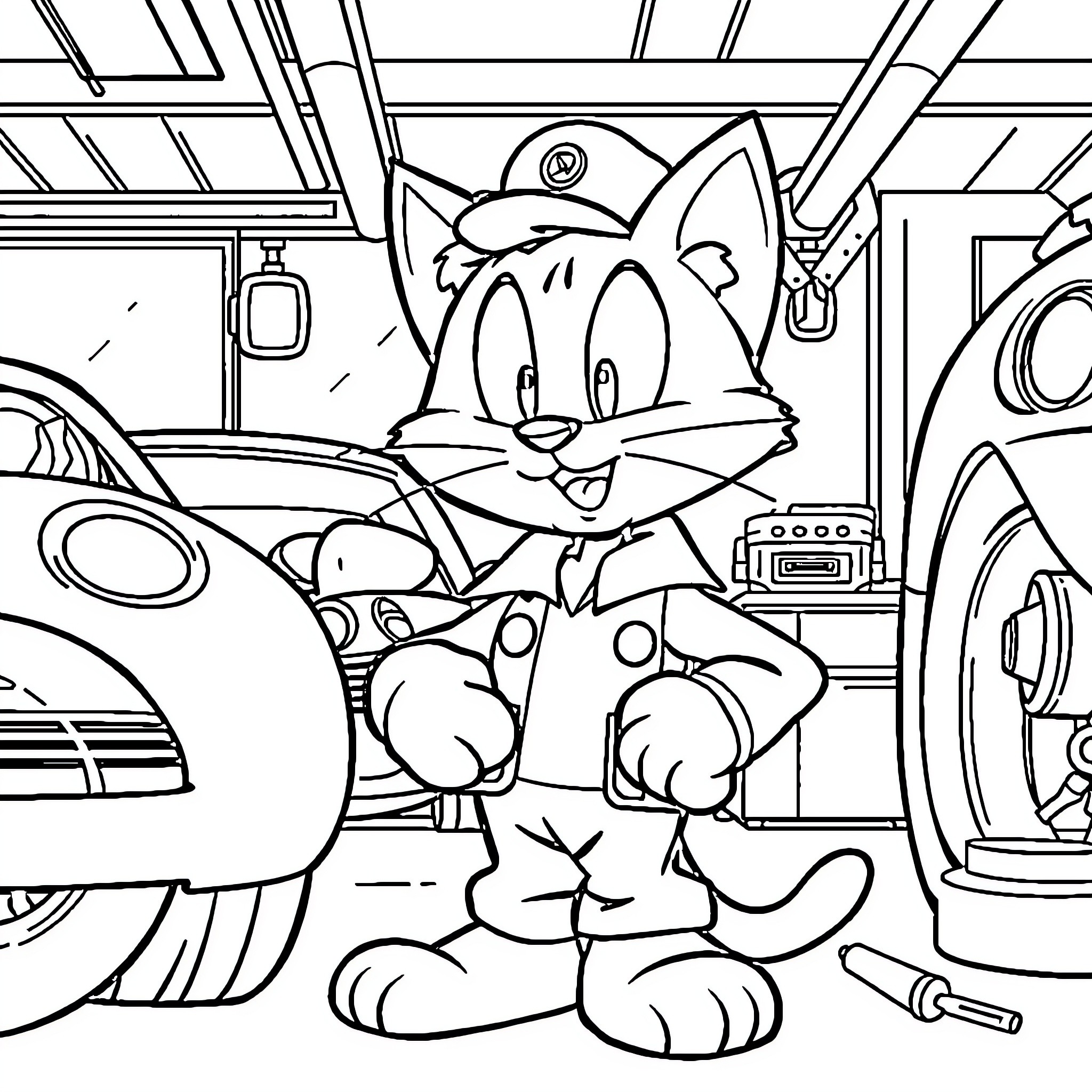 Felix the Mechanic's Playful Workshop Coloring Page (free black-and-white line drawing printable PDF for all, from beginners to advanced learners, including children, teens, adults, and seniors)