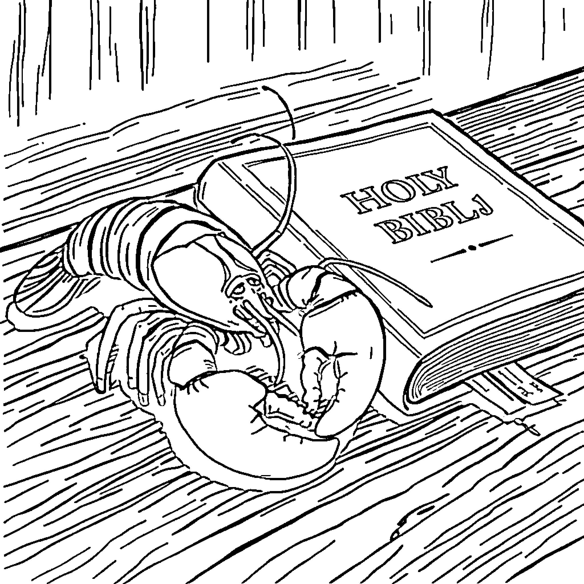 Crawfish resting on Holy Bible Coloring Page (free black-and-white line drawing printable PDF for all, from beginners to advanced learners, including children, teens, adults, and seniors)