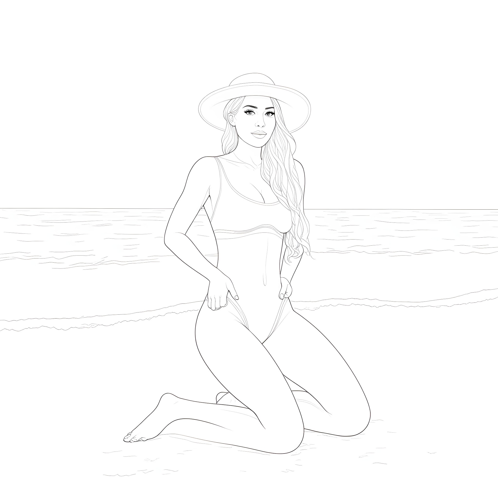 Swimsuit Model Posing Gracefully by the Sea Coloring Page (free black-and-white line drawing printable PDF for all, from beginners to advanced learners, including children, teens, adults, and seniors)