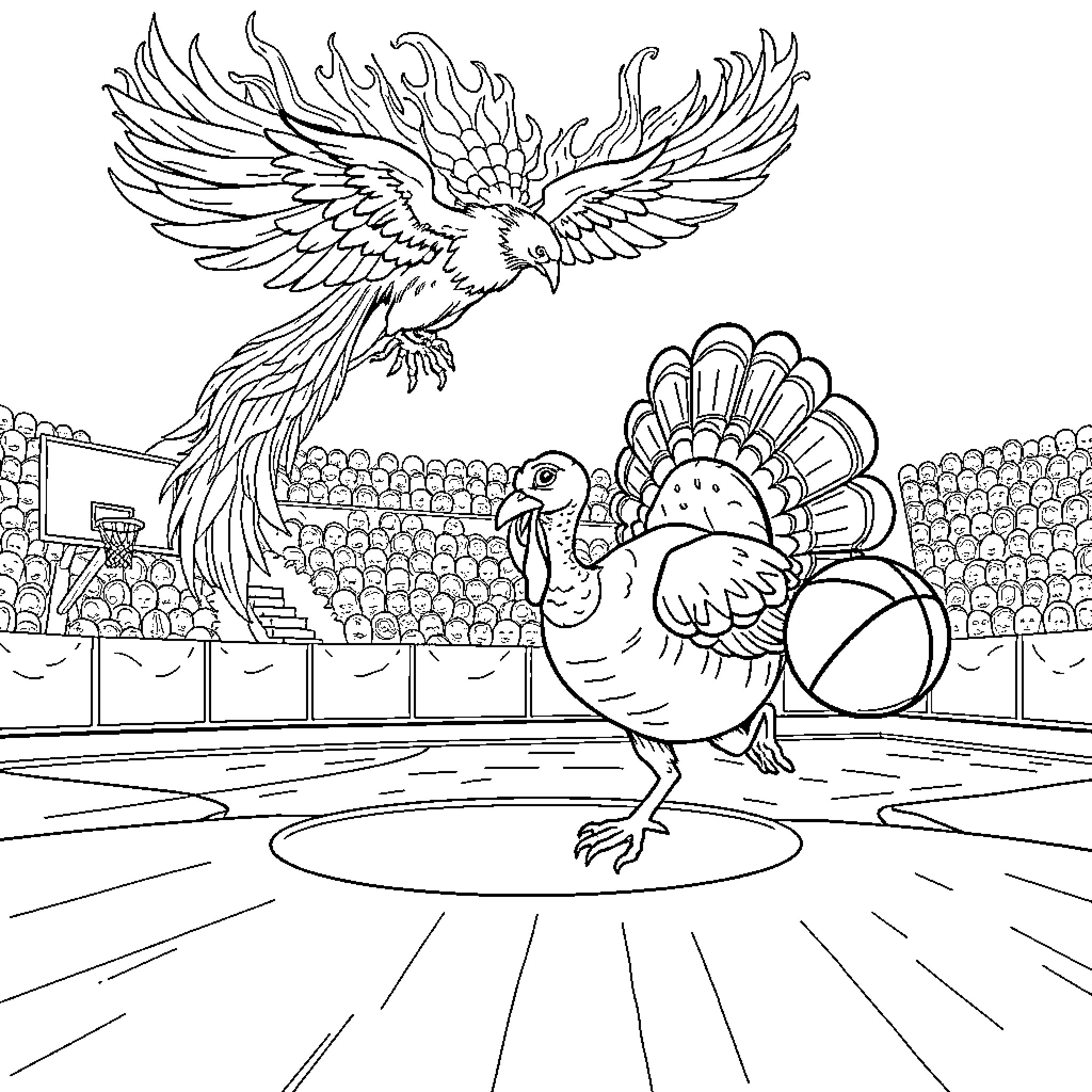 Turkey performing in a lively stadium Coloring Page (free black-and-white line drawing printable PDF for all, from beginners to advanced learners, including children, teens, adults, and seniors)