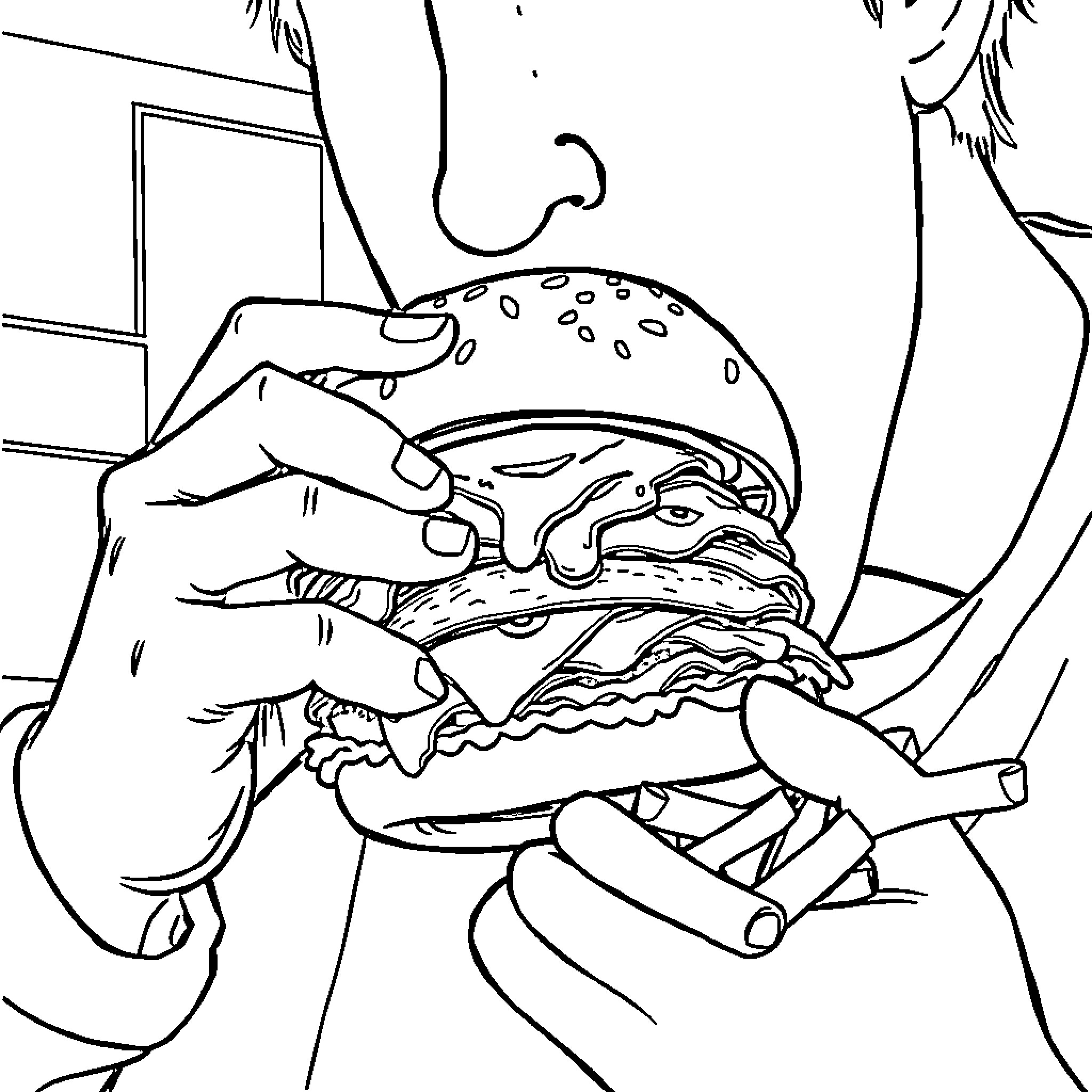 Burger Being Served with Enthusiasm Coloring Page (free black-and-white line drawing printable PDF for all, from beginners to advanced learners, including children, teens, adults, and seniors)