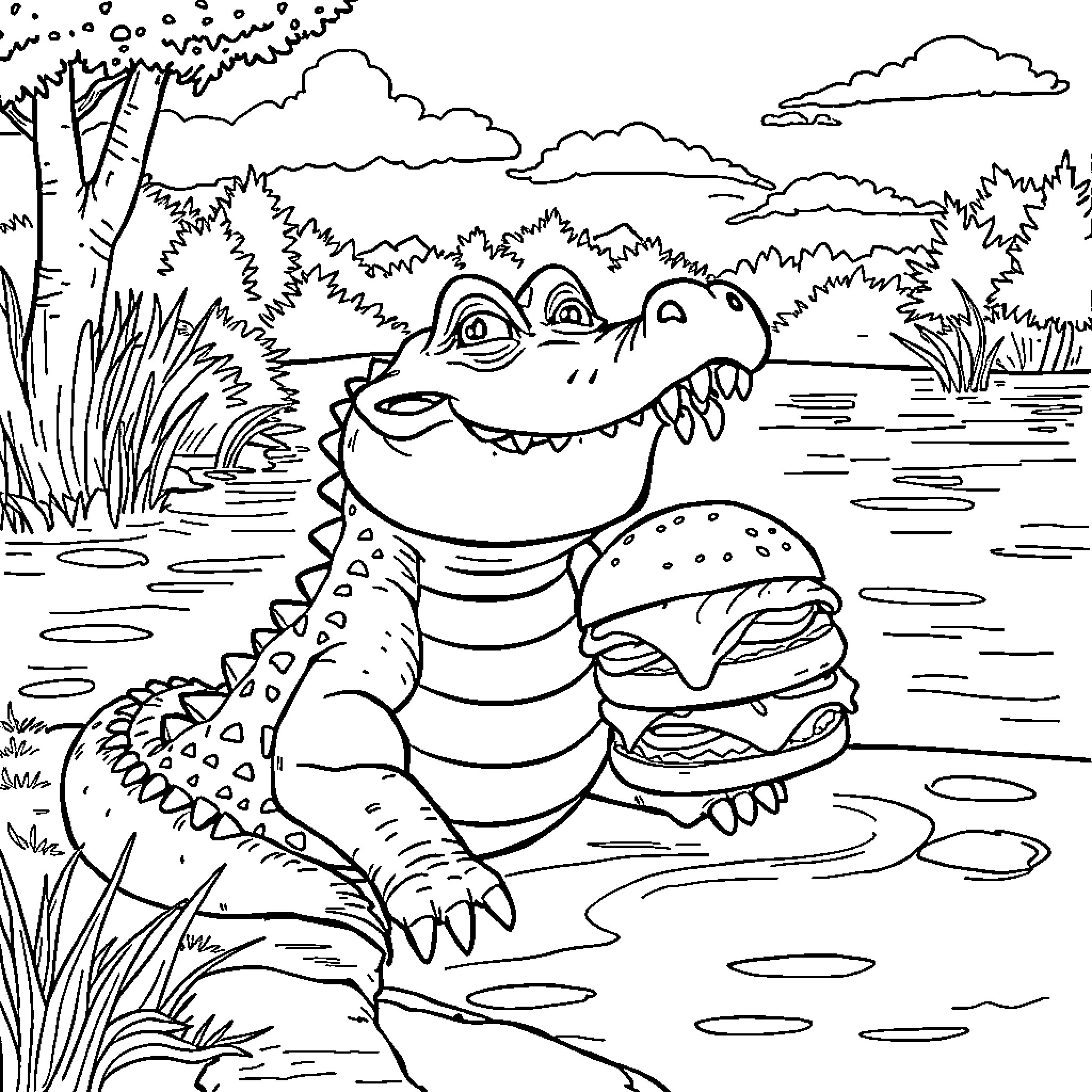 Alligator enjoying a tasty hamburger in the swamp Coloring Page (free black-and-white line drawing printable PDF for all, from beginners to advanced learners, including children, teens, adults, and seniors)