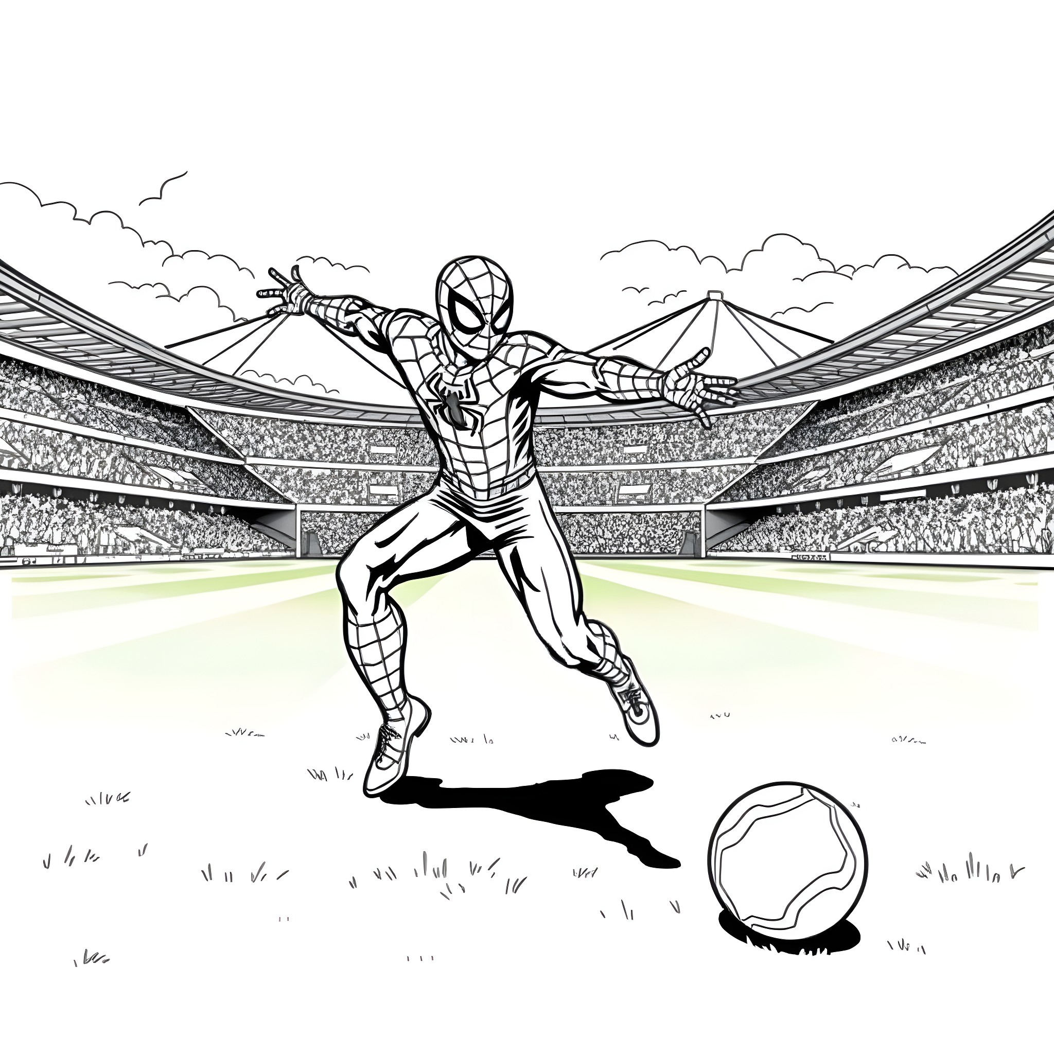Spiderman playing soccer in the stadium Coloring Page (free black-and-white line drawing printable PDF for all, from beginners to advanced learners, including children, teens, adults, and seniors)