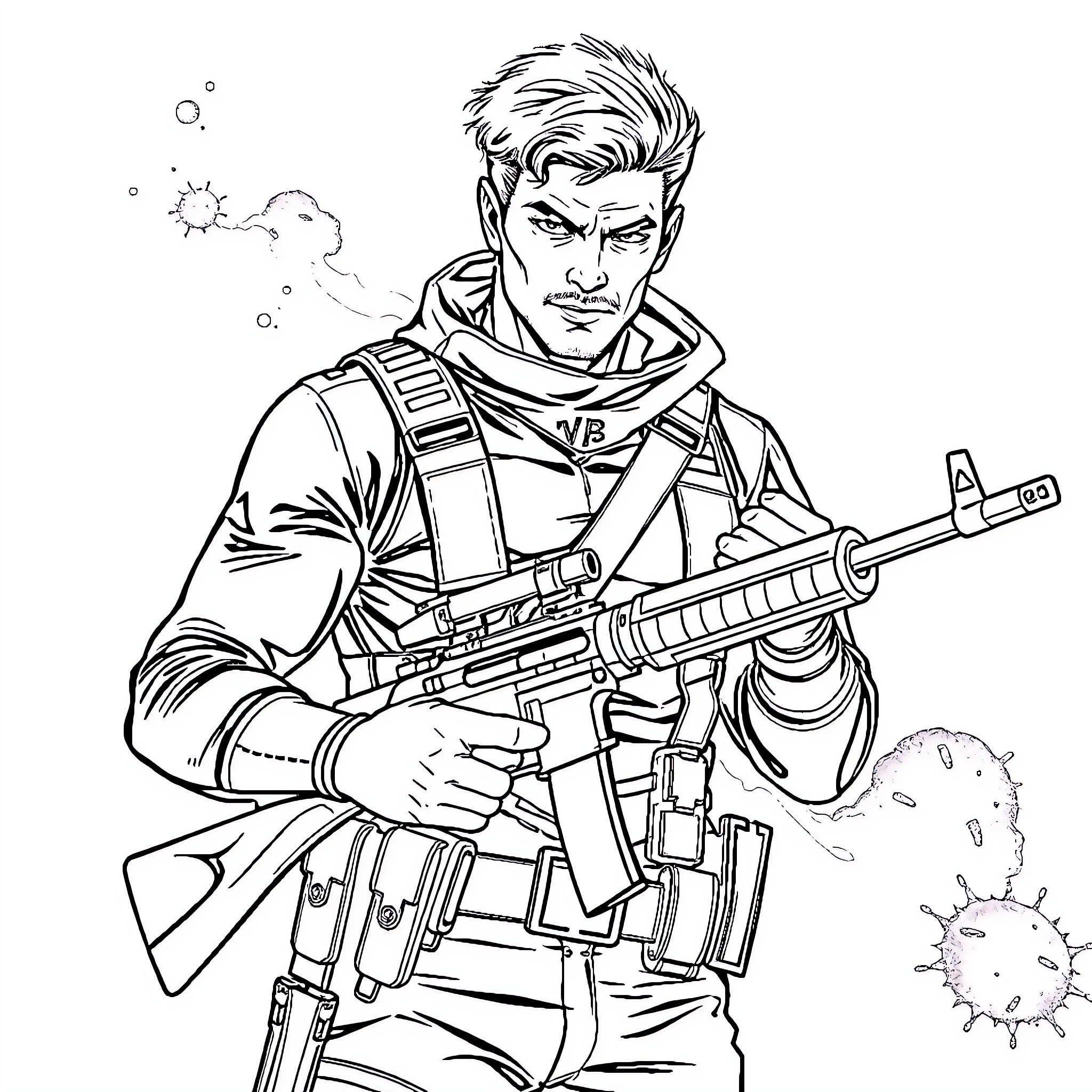 Man in military gear holding a rifle Coloring Page (free black-and-white line drawing printable PDF for all, from beginners to advanced learners, including children, teens, adults, and seniors)