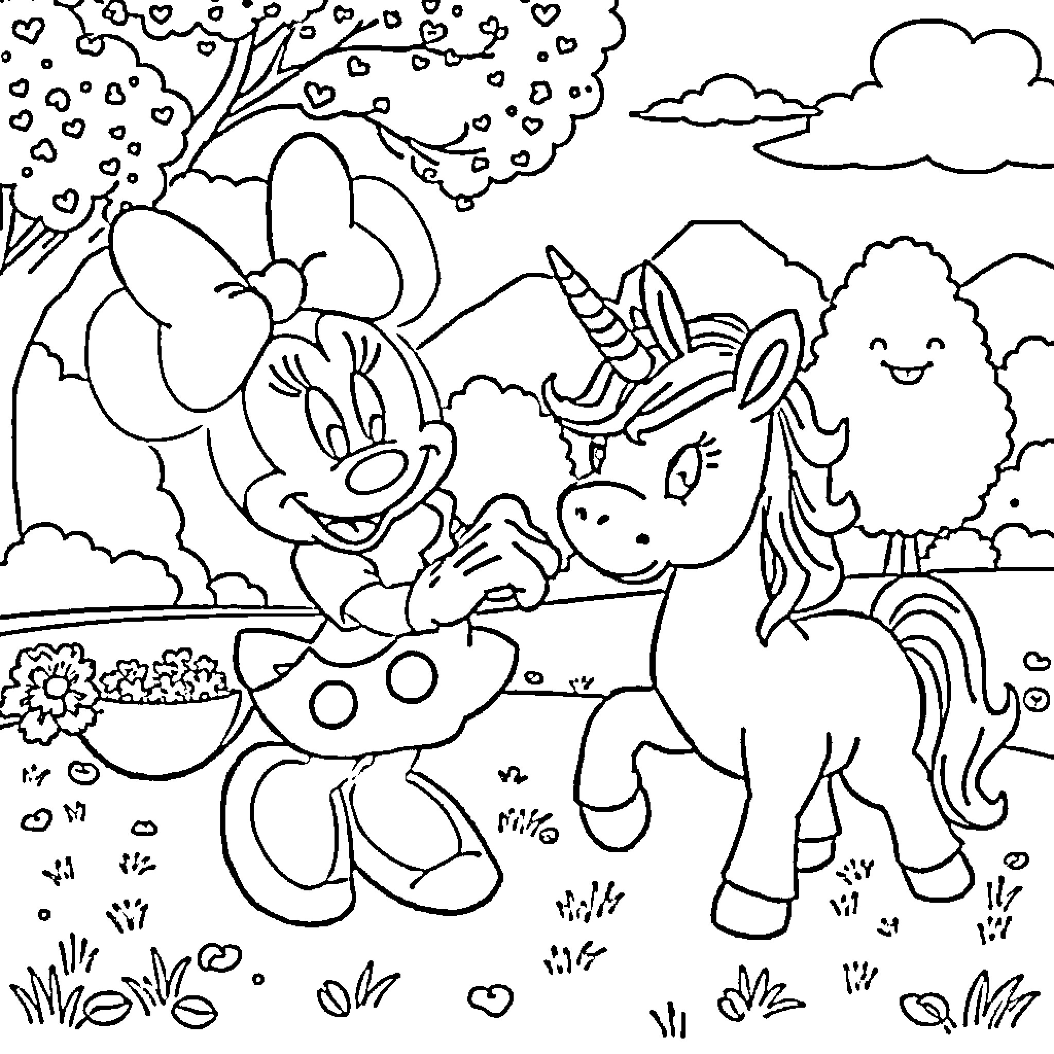 Minnie and the Magical Unicorn in the Enchanted Garden Coloring Page (free black-and-white line drawing printable PDF for all, from beginners to advanced learners, including children, teens, adults, and seniors)