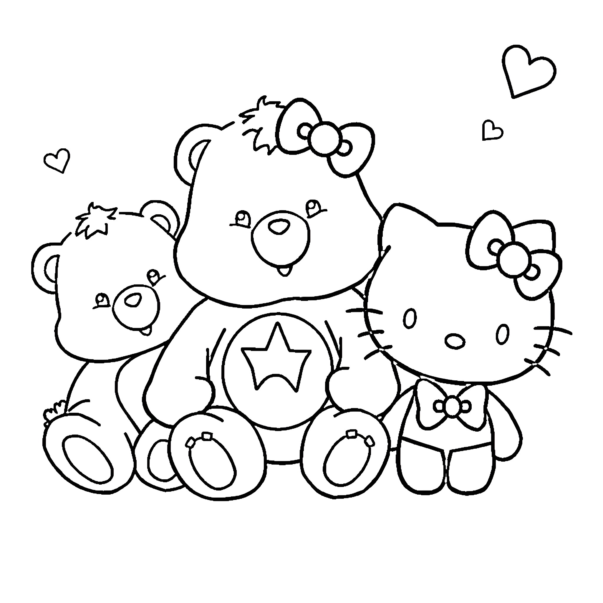 Care Bear characters in a playful scene Coloring Page (free black-and-white line drawing printable PDF for all, from beginners to advanced learners, including children, teens, adults, and seniors)