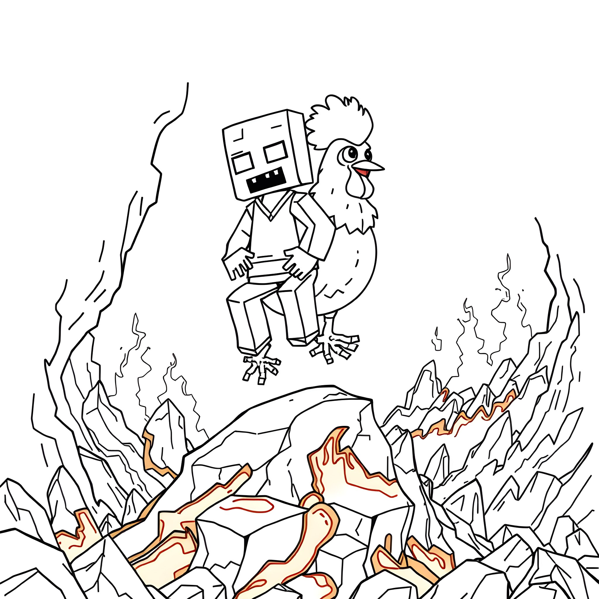 Zombie Chicken-Bot Exploring a Fiery Landscape Coloring Page (free black-and-white line drawing printable PDF for all, from beginners to advanced learners, including children, teens, adults, and seniors)