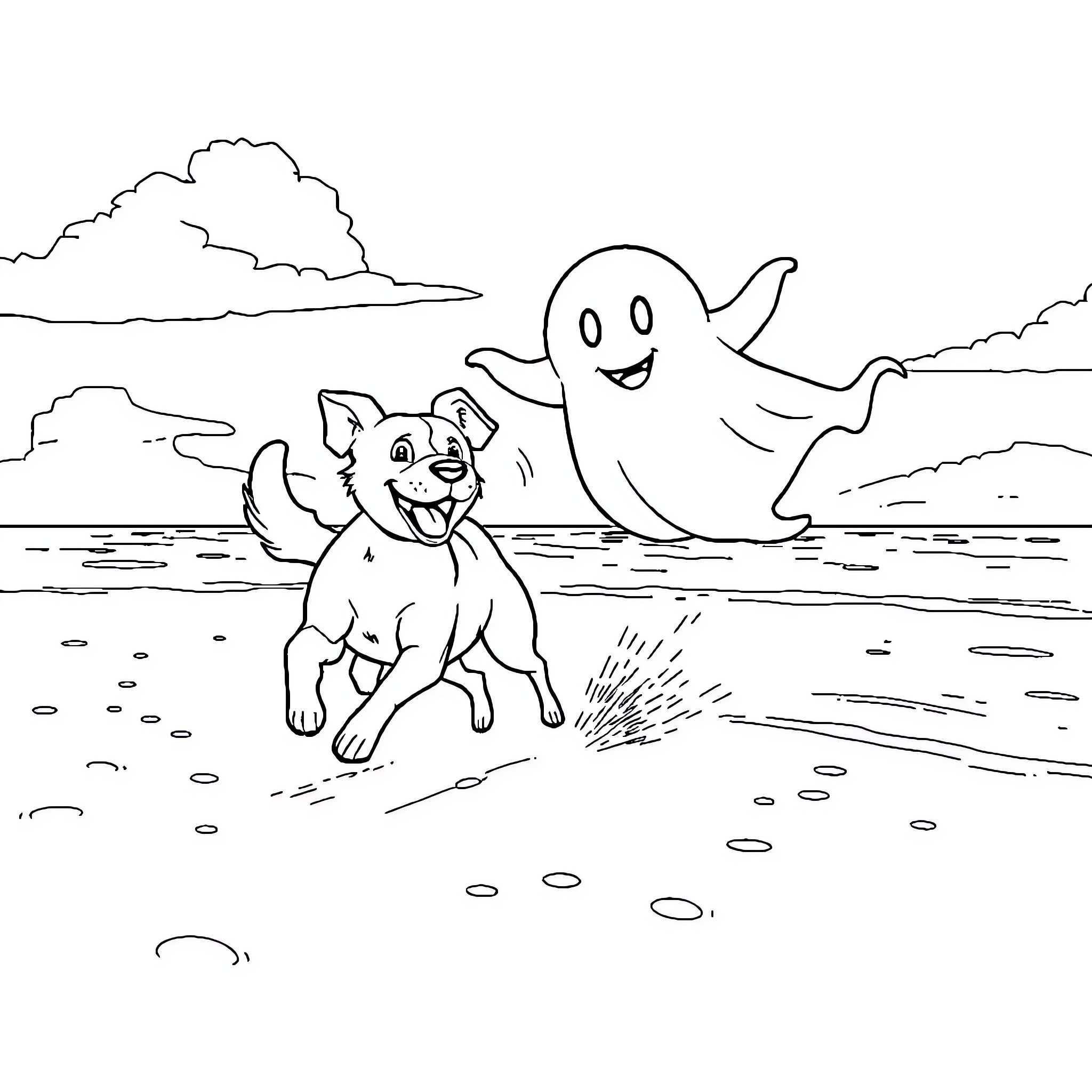 Dog and friendly ghost playing at the beach Coloring Page (free black-and-white line drawing printable PDF for all, from beginners to advanced learners, including children, teens, adults, and seniors)