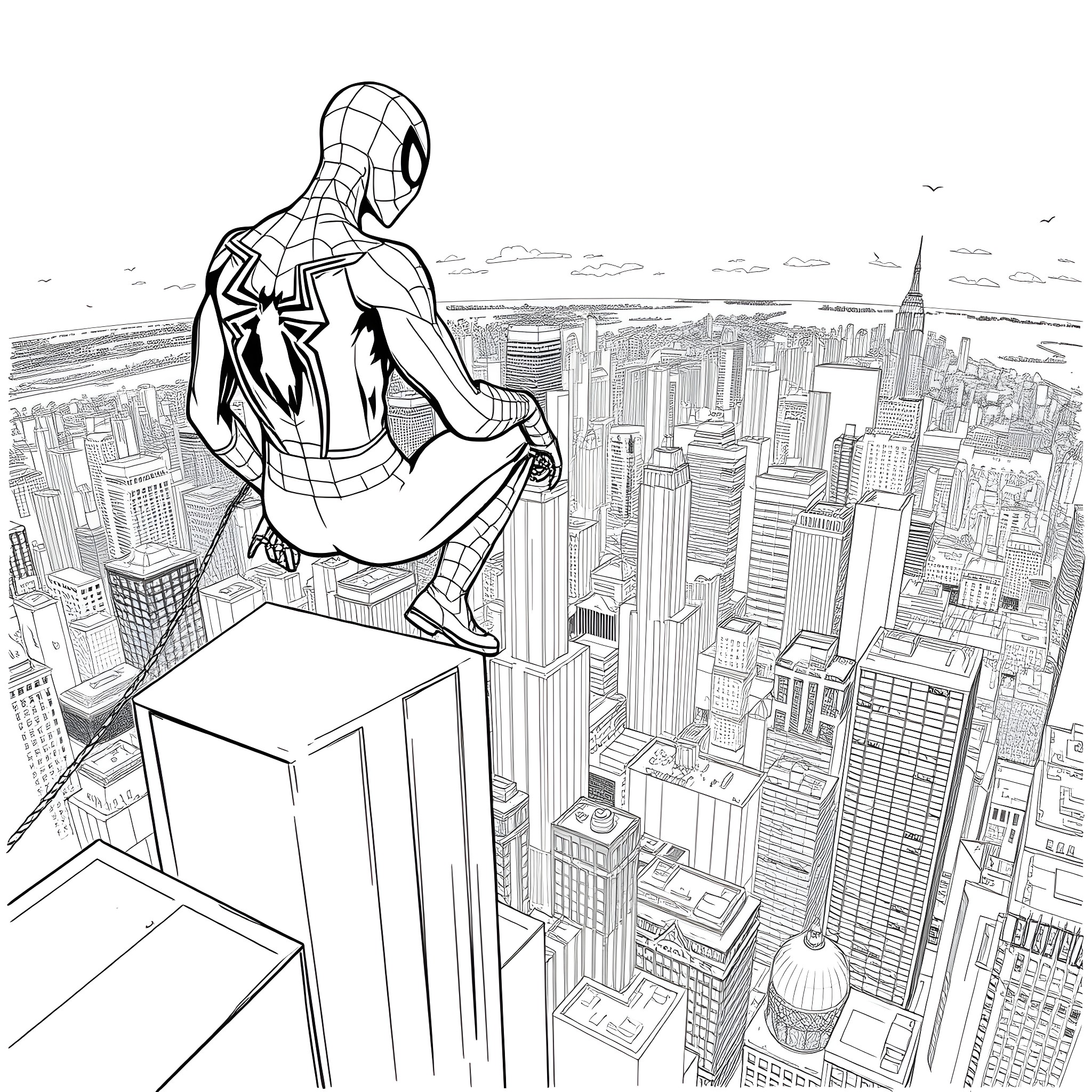 Spiderman overlooking the bustling city skyline Coloring Page (free black-and-white line drawing printable PDF for all, from beginners to advanced learners, including children, teens, adults, and seniors)