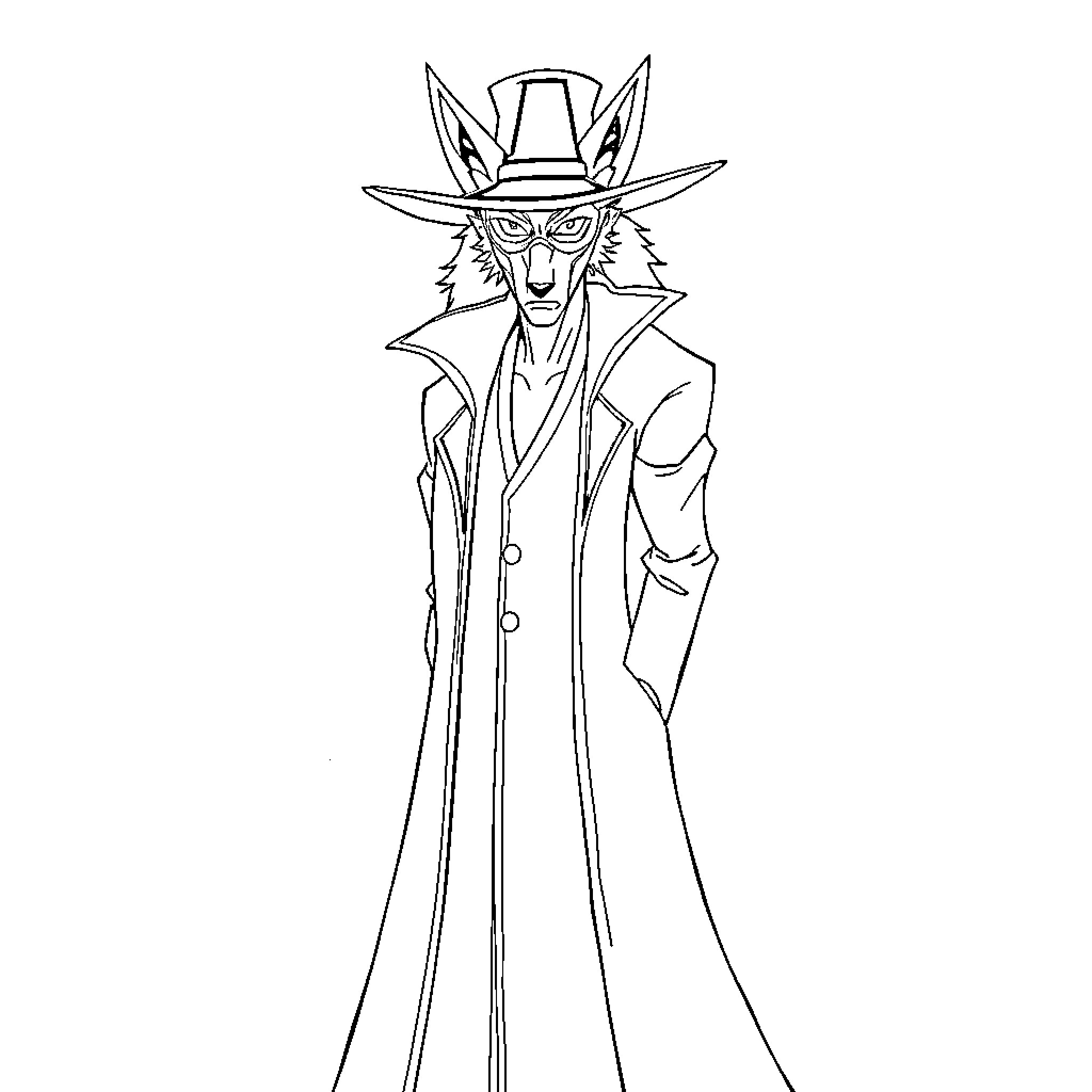 Coyote Starrk in Dashing Attire Coloring Page (free black-and-white line drawing printable PDF for all, from beginners to advanced learners, including children, teens, adults, and seniors)