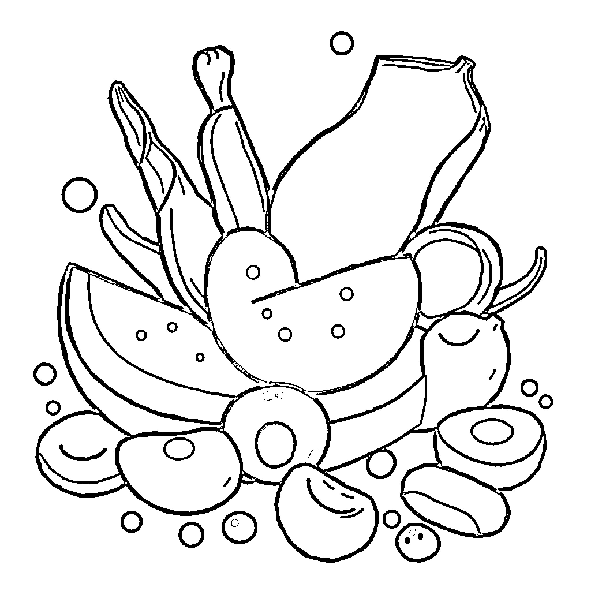 Food items in abstract shapes and forms Coloring Page (free black-and-white line drawing printable PDF for all, from beginners to advanced learners, including children, teens, adults, and seniors)