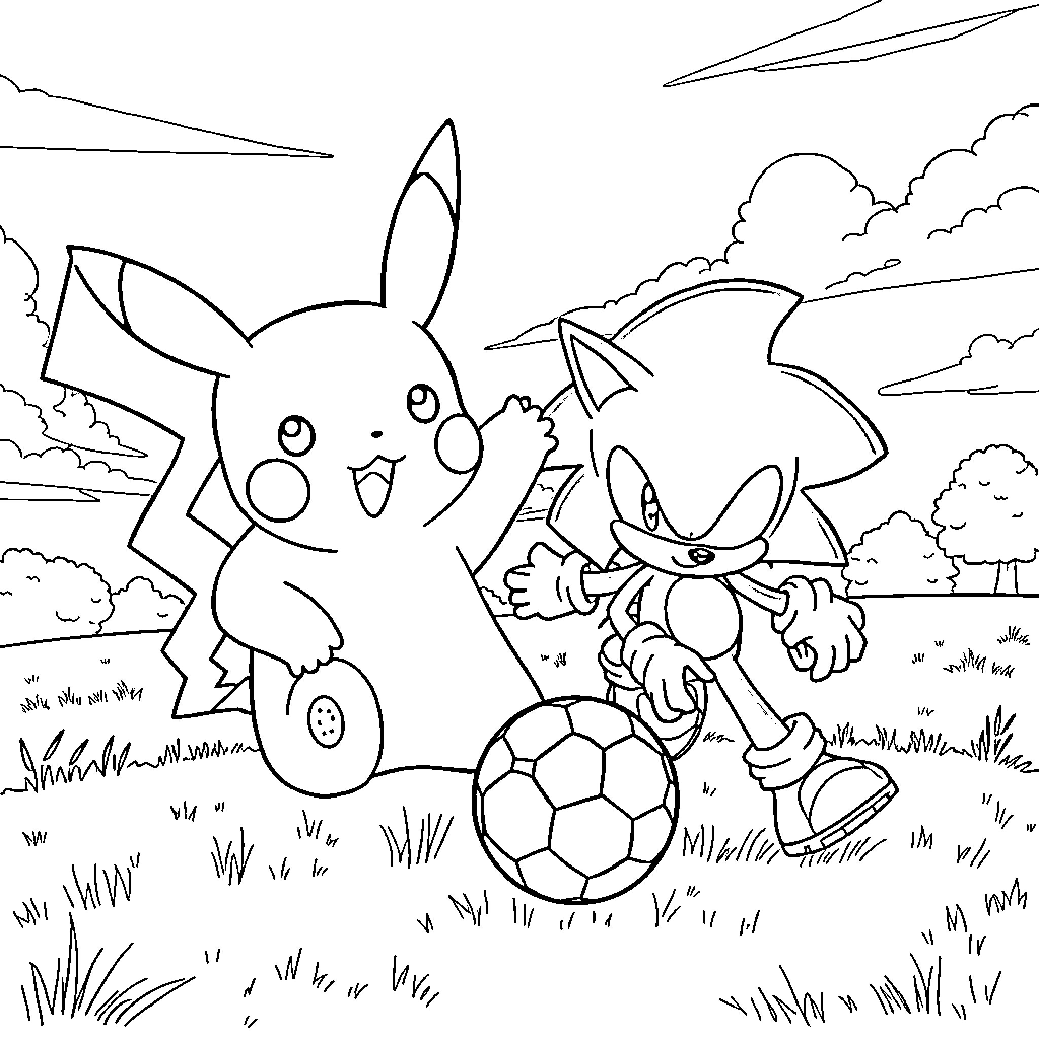 Pikachu and Sonic playing soccer in the park Coloring Page (free black-and-white line drawing printable PDF for all, from beginners to advanced learners, including children, teens, adults, and seniors)