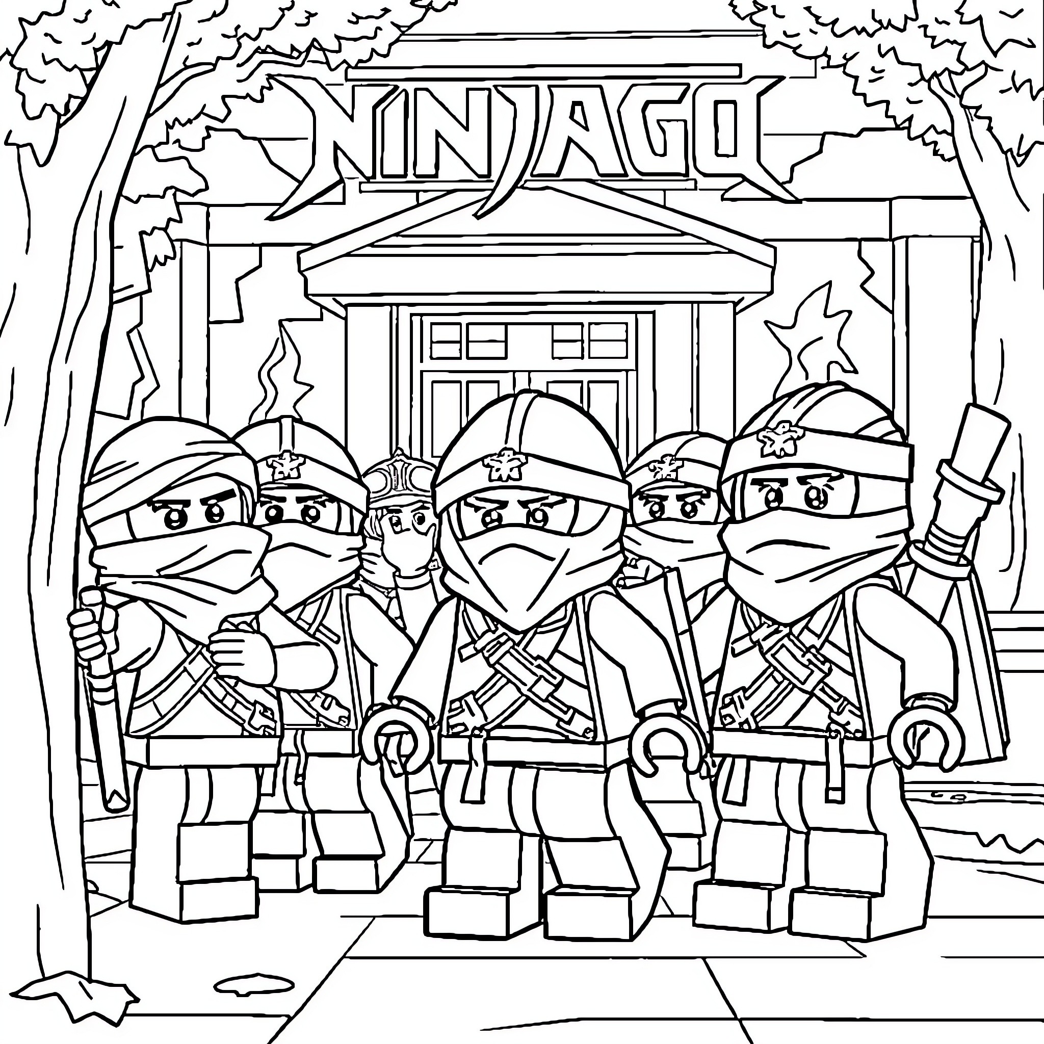 Ninjago Ninjas Gathered Outside Dojo Coloring Page (free black-and-white line drawing printable PDF for all, from beginners to advanced learners, including children, teens, adults, and seniors)