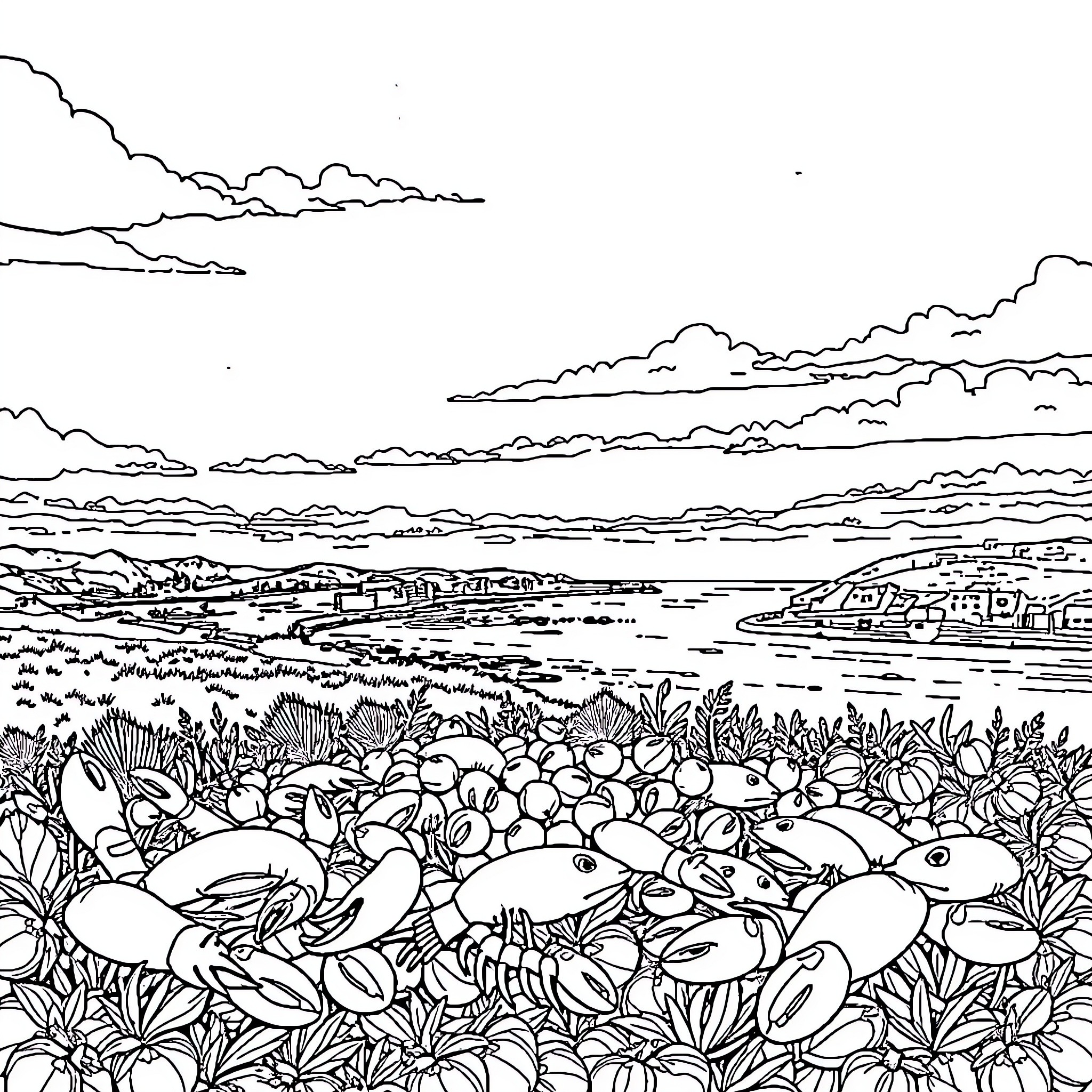 Seafood feast in the coastal landscape Coloring Page (free black-and-white line drawing printable PDF for all, from beginners to advanced learners, including children, teens, adults, and seniors)