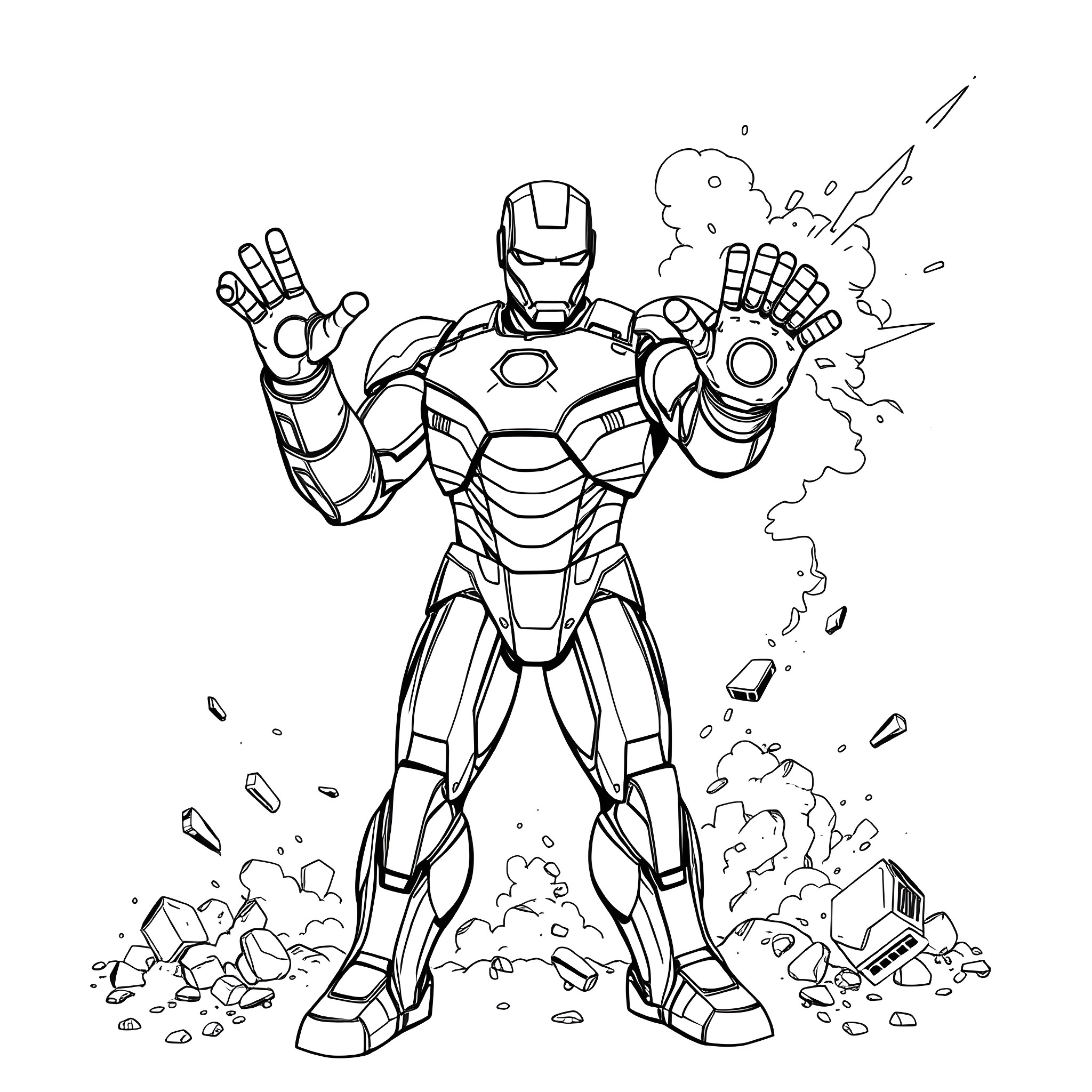 Ironman in Action with Explosive Force Coloring Page (free black-and-white line drawing printable PDF for all, from beginners to advanced learners, including children, teens, adults, and seniors)