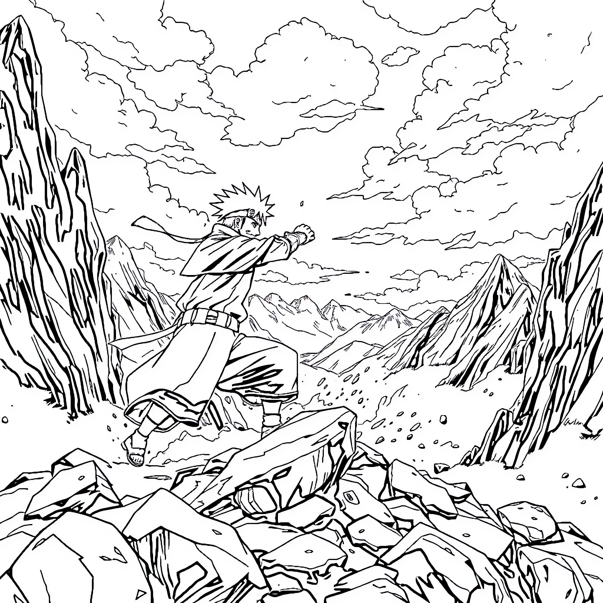 Sangoku warrior charging through rugged mountainous terrain Coloring Page (free black-and-white line drawing printable PDF for all, from beginners to advanced learners, including children, teens, adults, and seniors)