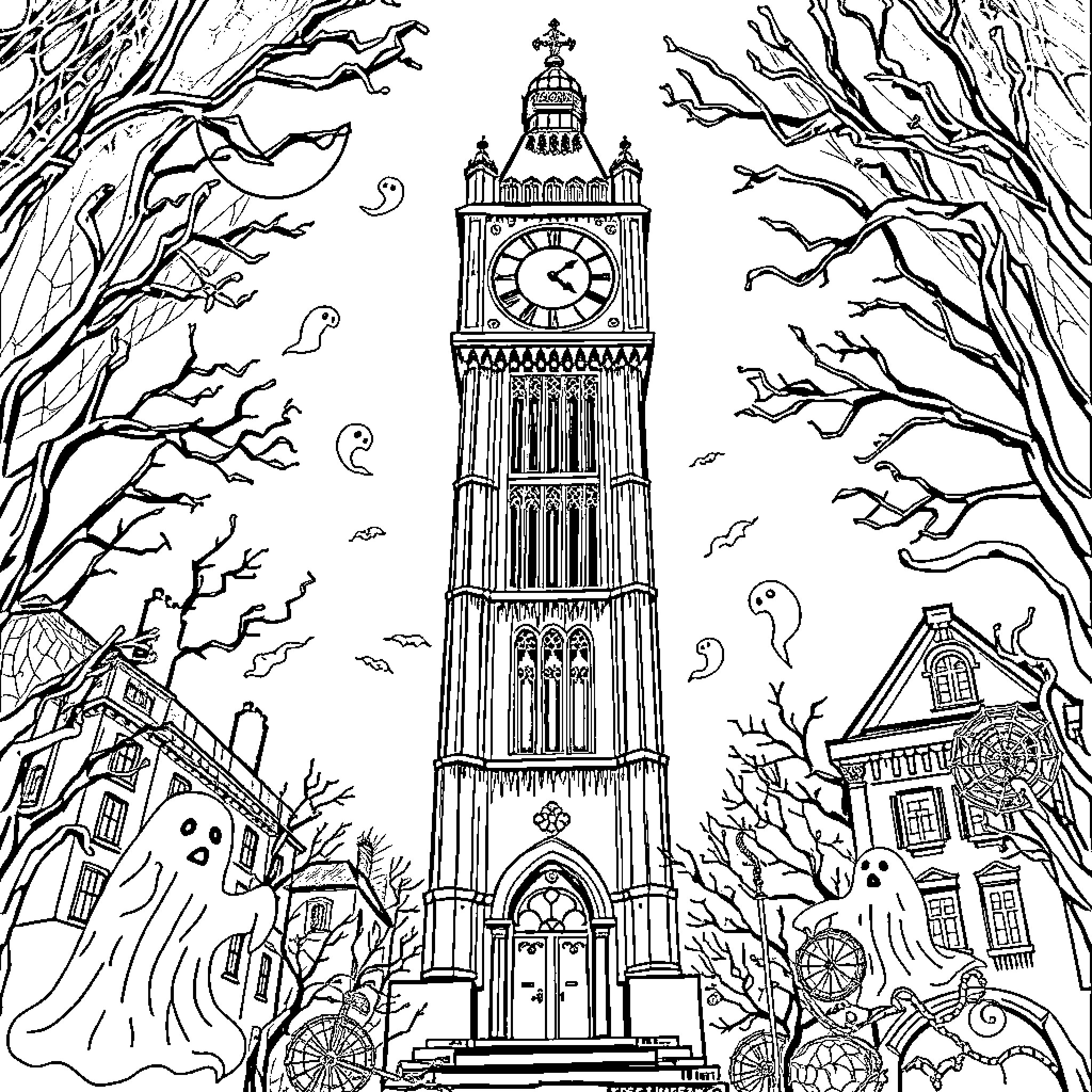Clock Tower surrounded by ghostly spirits and haunted buildings Coloring Page (free black-and-white line drawing printable PDF for all, from beginners to advanced learners, including children, teens, adults, and seniors)