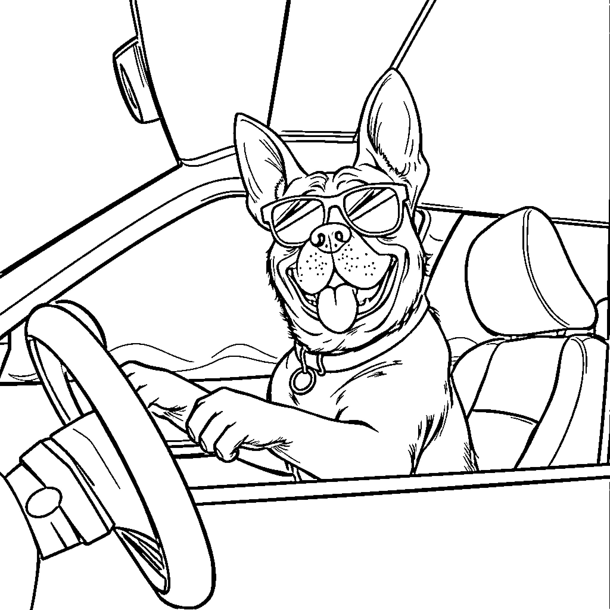Dog driving a car with sunglasses Coloring Page (free black-and-white line drawing printable PDF for all, from beginners to advanced learners, including children, teens, adults, and seniors)