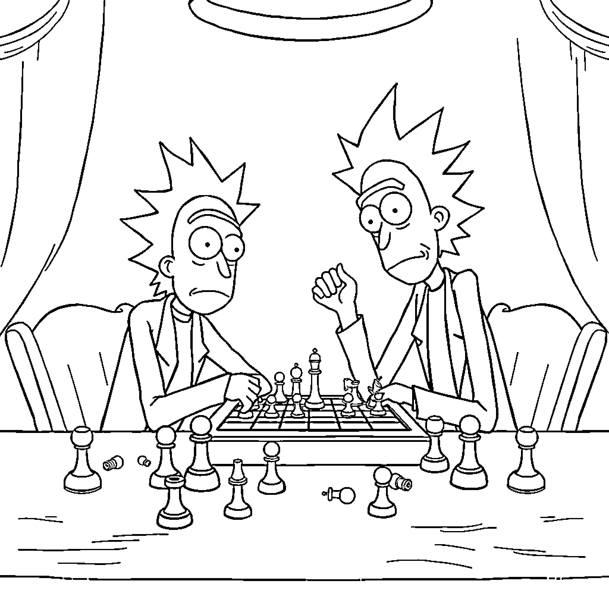 Rick And Morty Playing Chess Intensely Coloring Page (free black-and-white line drawing printable PDF for all, from beginners to advanced learners, including children, teens, adults, and seniors)