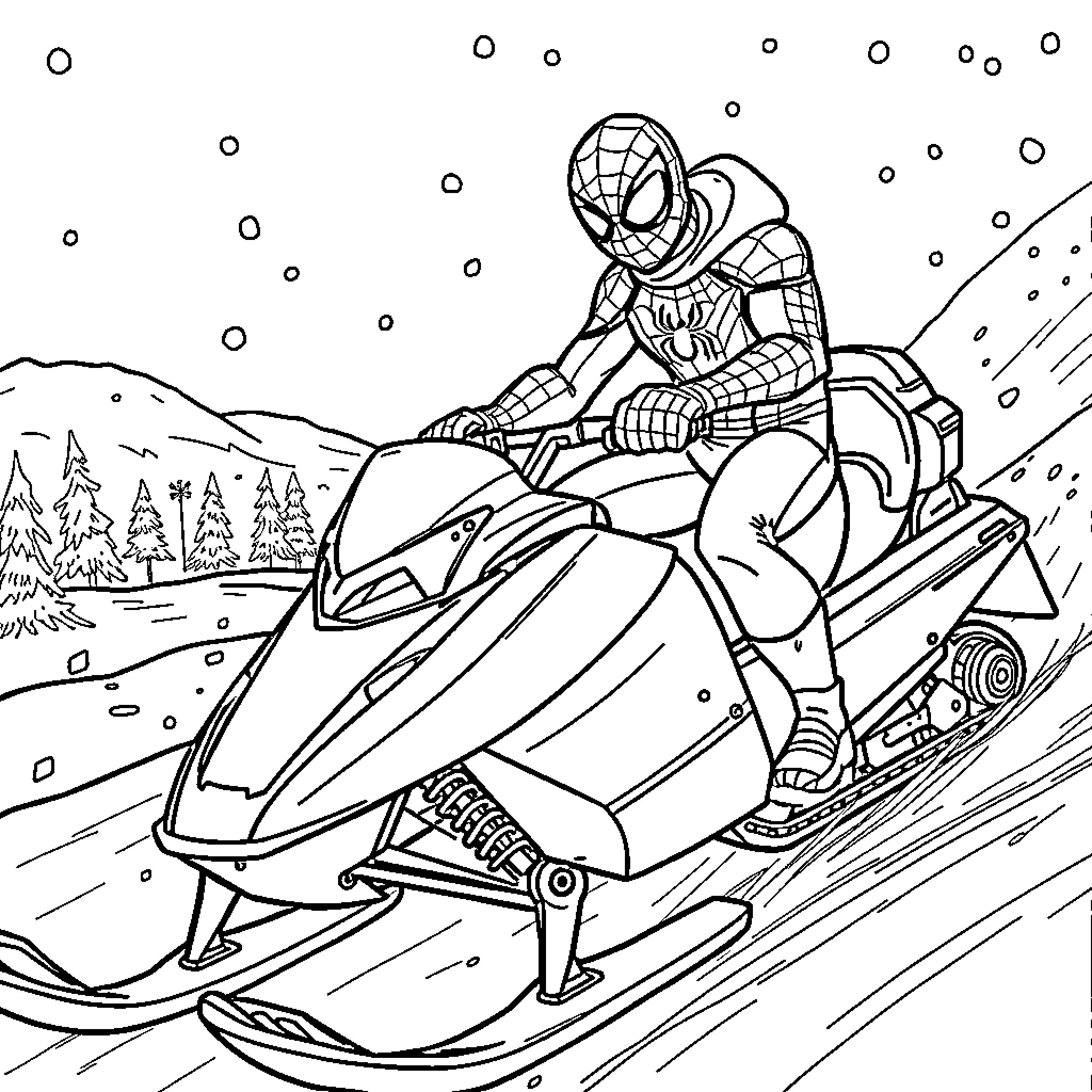 Spiderman riding a futuristic snowmobile in the winter landscape Coloring Page (free black-and-white line drawing printable PDF for all, from beginners to advanced learners, including children, teens, adults, and seniors)