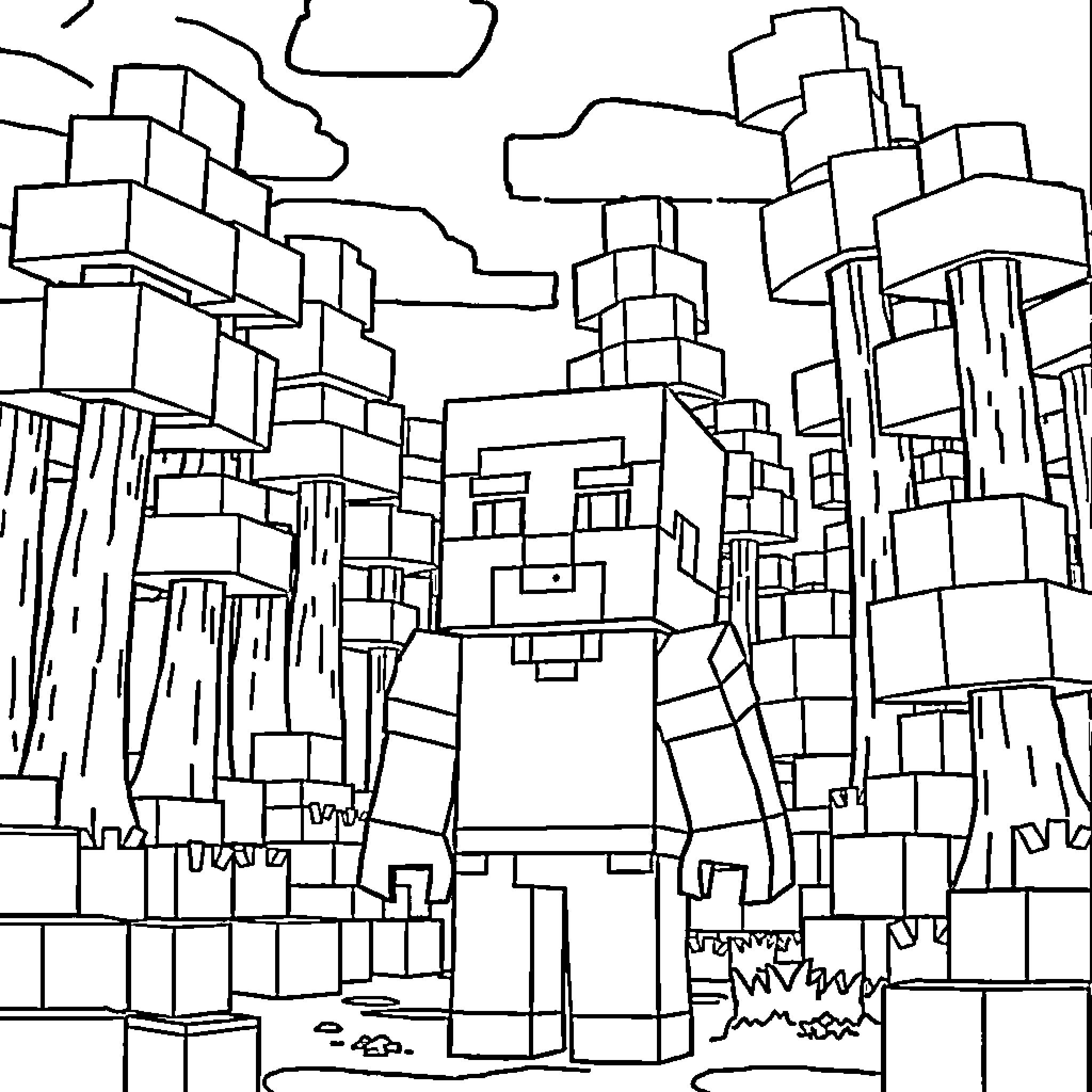 Steve explores the surreal architectural landscape Coloring Page (free black-and-white line drawing printable PDF for all, from beginners to advanced learners, including children, teens, adults, and seniors)