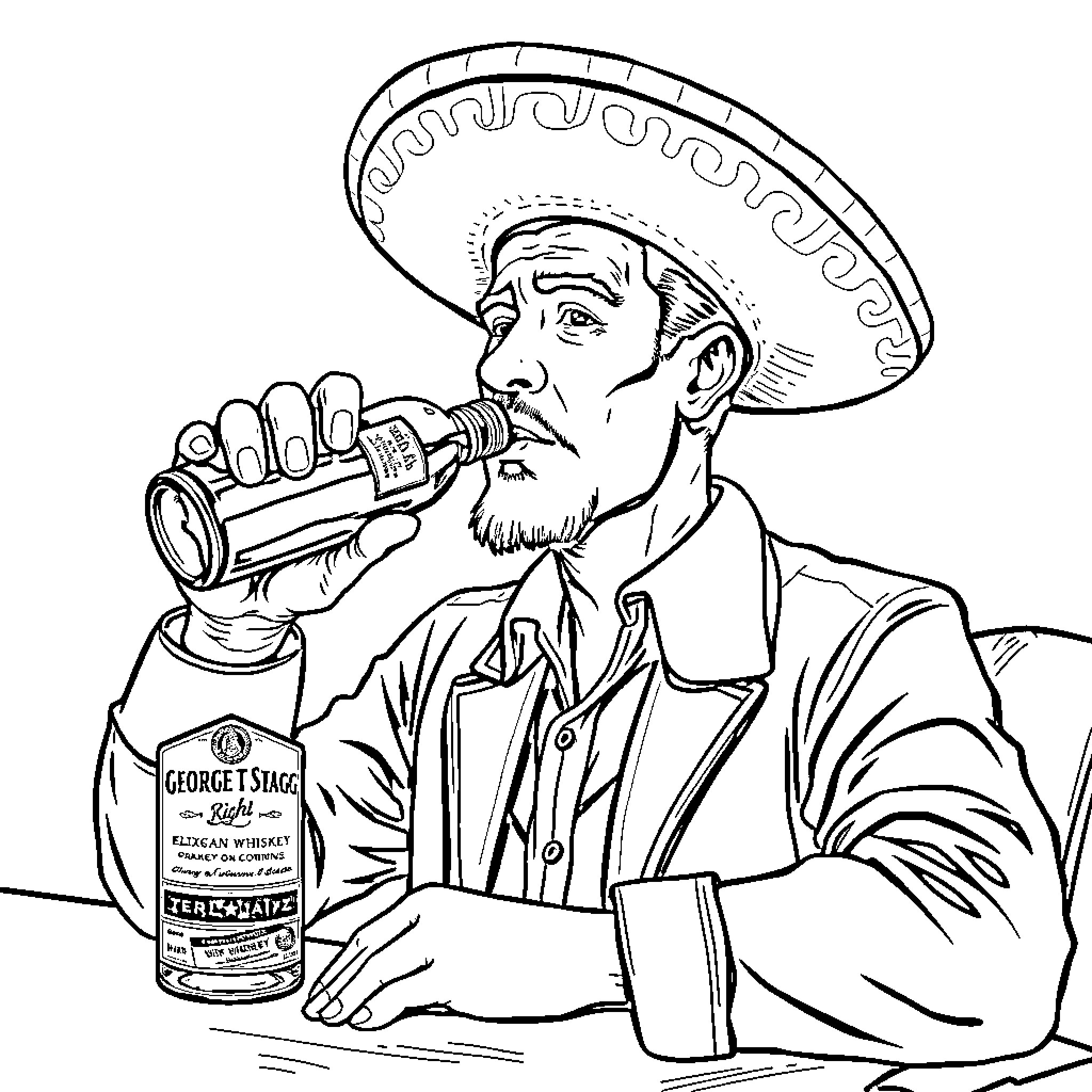 Mexican Man Enjoying Beverage in Sombrero Coloring Page (free black-and-white line drawing printable PDF for all, from beginners to advanced learners, including children, teens, adults, and seniors)